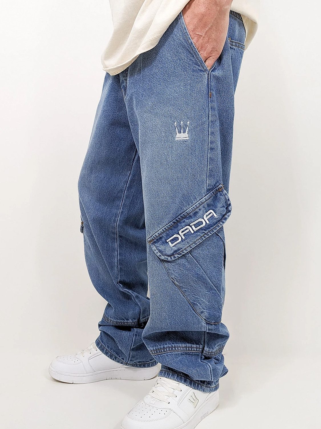 DADA Supreme Regular-fit-Jeans HipHop Denim Baggy Pants mit Cargo für Herren Baumwolle unifarben windabweisend Reißverschluss casual-Style – Bild 3 von 5