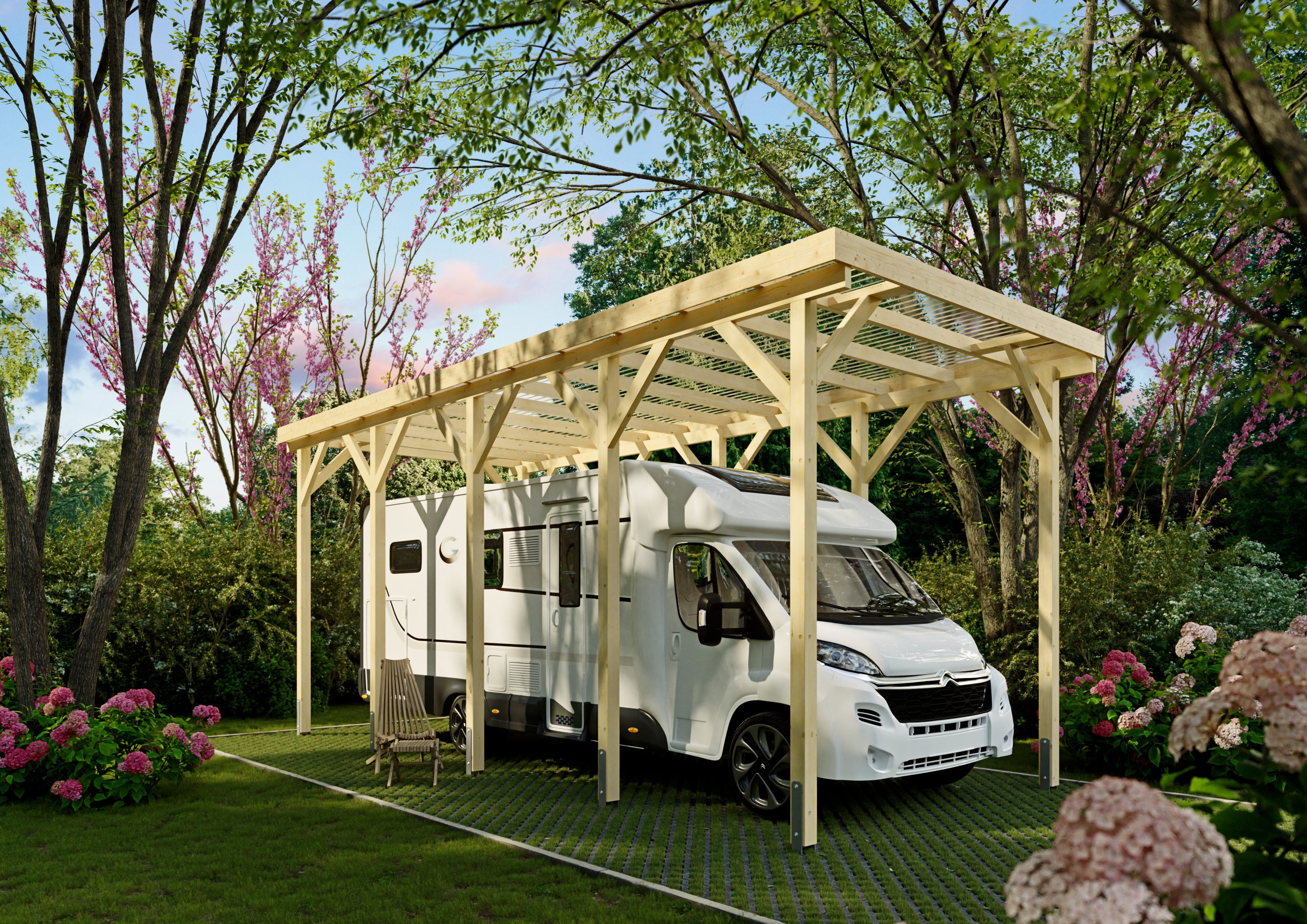KONIFERA Einzelcarport Neptun III, BxT: 344x850 cm, 352 cm Einfahrtshöhe, für Wohnmobile, Leimholz naturbelassen, PET-Flachdach lichtdurchlässig