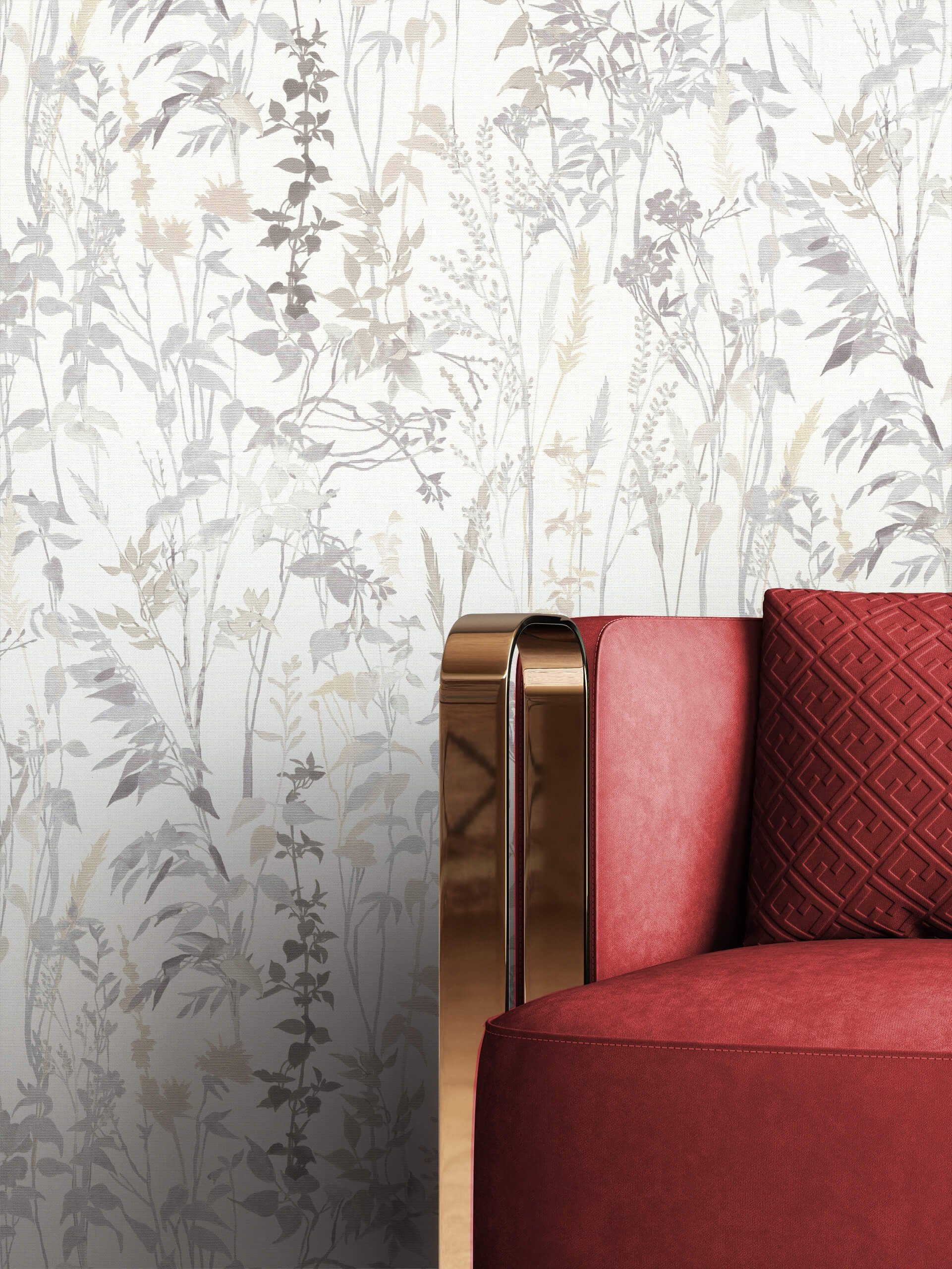 Newroom Vliestapete Emily Grau Tapete Blumentapete Blumen,Blätter,Zweige, Weiß Tapete Floral Blumen - Blumentapete Grau Beige Romantisch Modern Blätter Zweige für Wohnzimmer Schlafzimmer Küche, modern