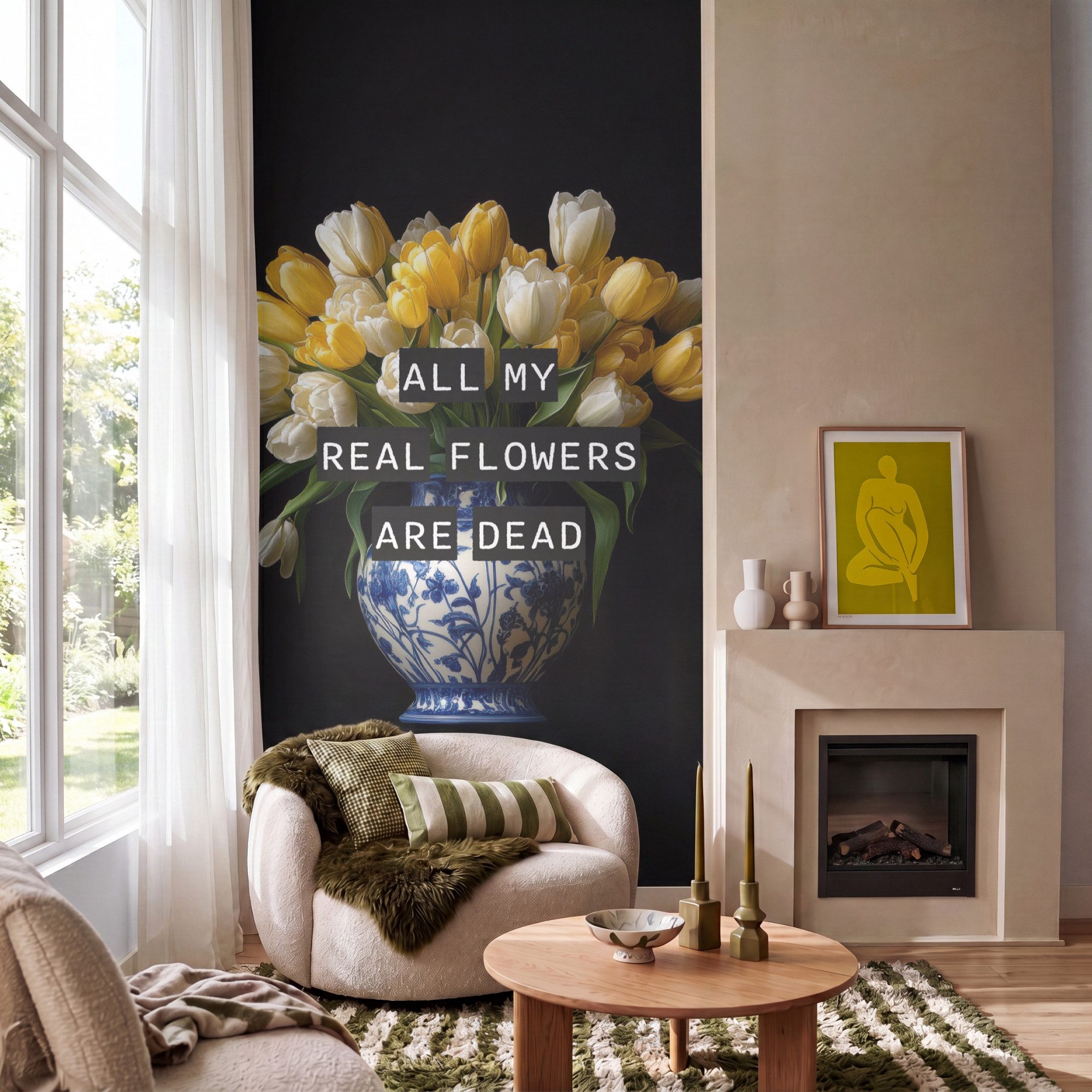 OnlyWow Fototapete Zitate - Blume - Tulpe - Gelb, Matt, bedruckt, Wohnzimmer, Wandtapete, Modern, Wanddekoration 140x300cm