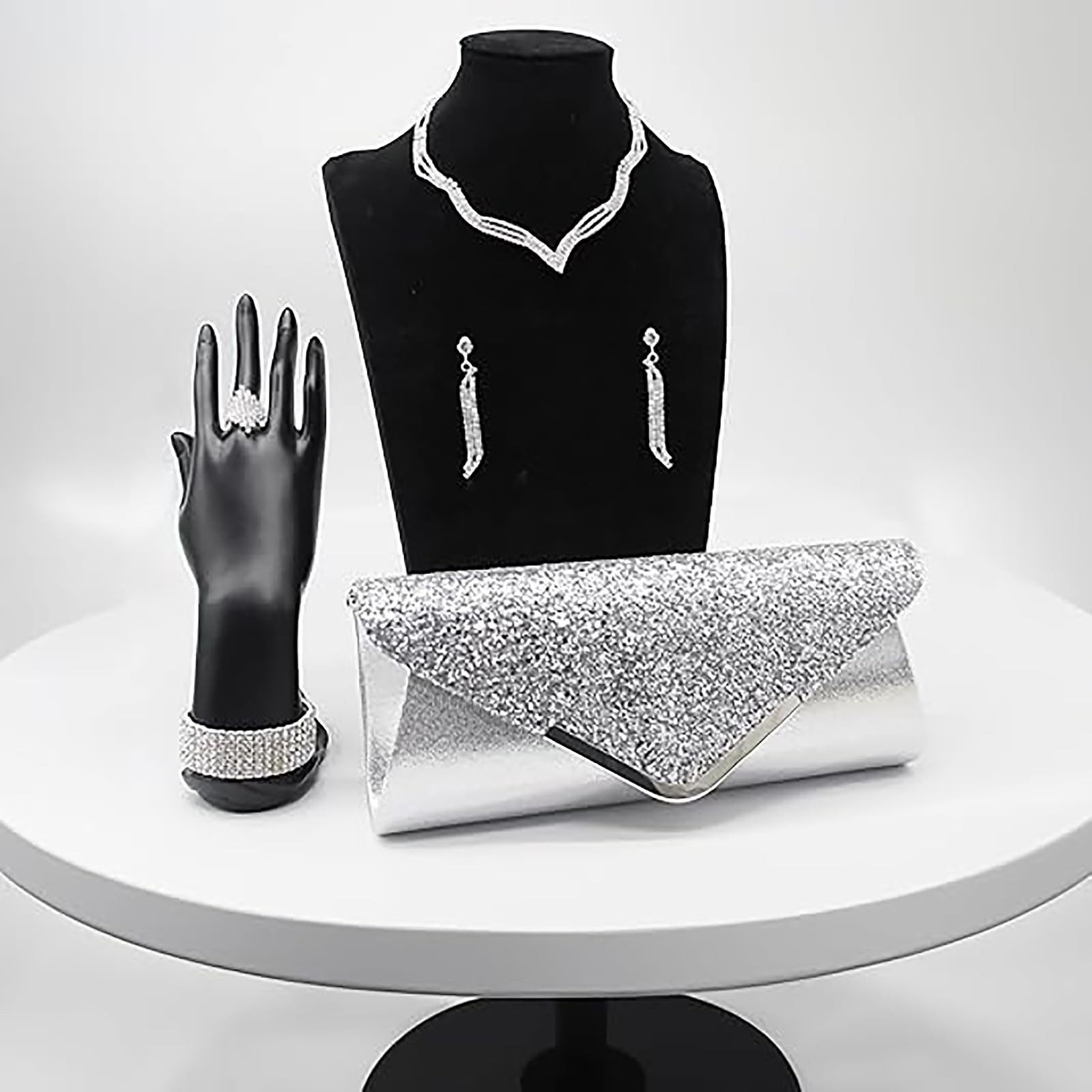 Zaewry Schmuckset 4-teiliges Damen-Schmuckset, silbernes Strass-Schmuckset, geeignet für Braut, Hochzeit, Ball und andere Anlässe – Bild 5 von 5