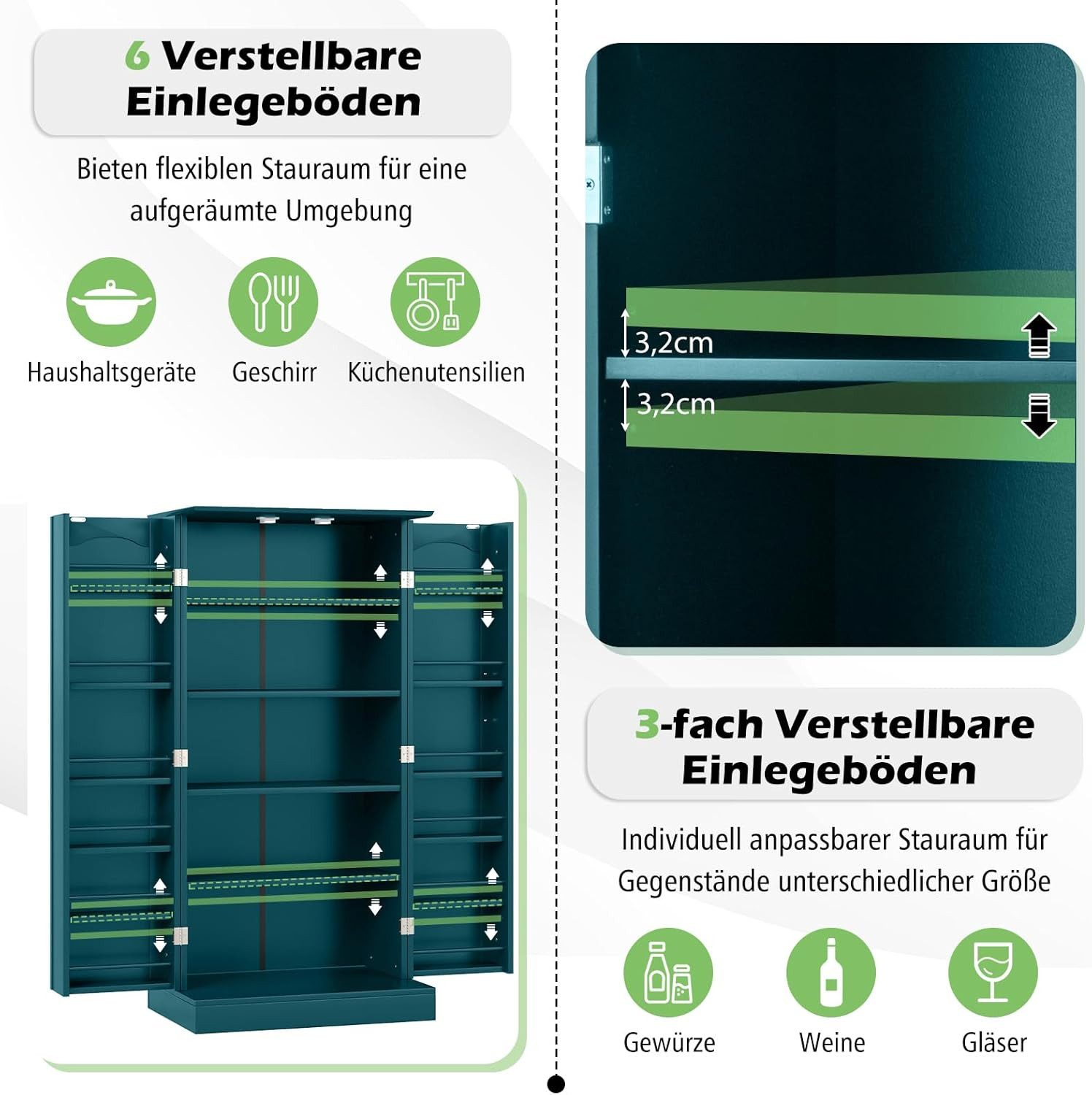 KOMFOTTEU Vorratsschrank Küchenschrank mit Türen,verstellbaren Regalen & Metallgriffen
