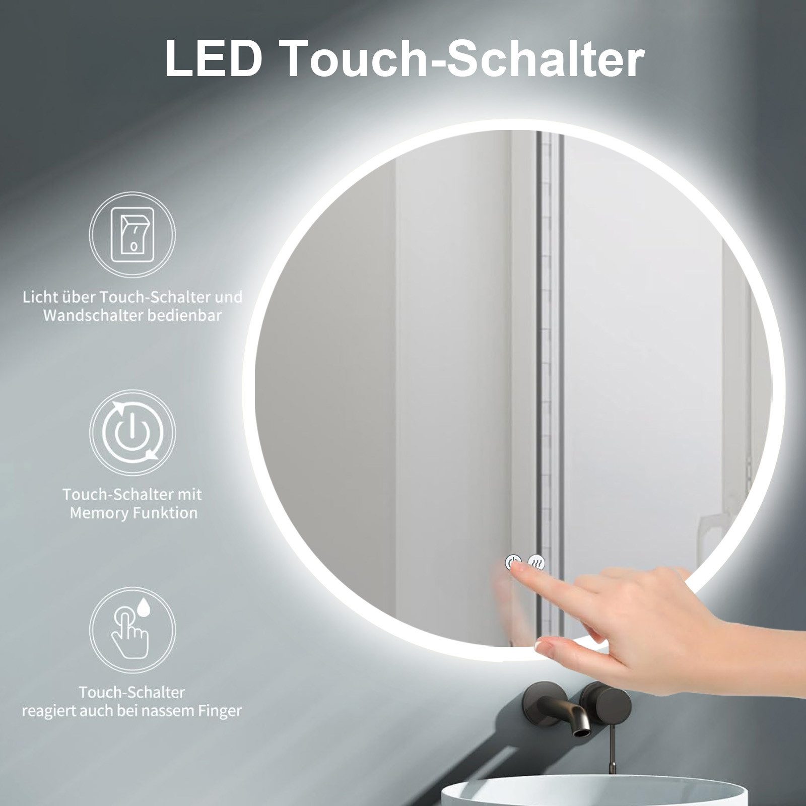 HOKO Badspiegel Wandspiegel Antibeschlage und Beleuchtung Badezimmerspiegel (Touch-Schalter Lichtspiegel)