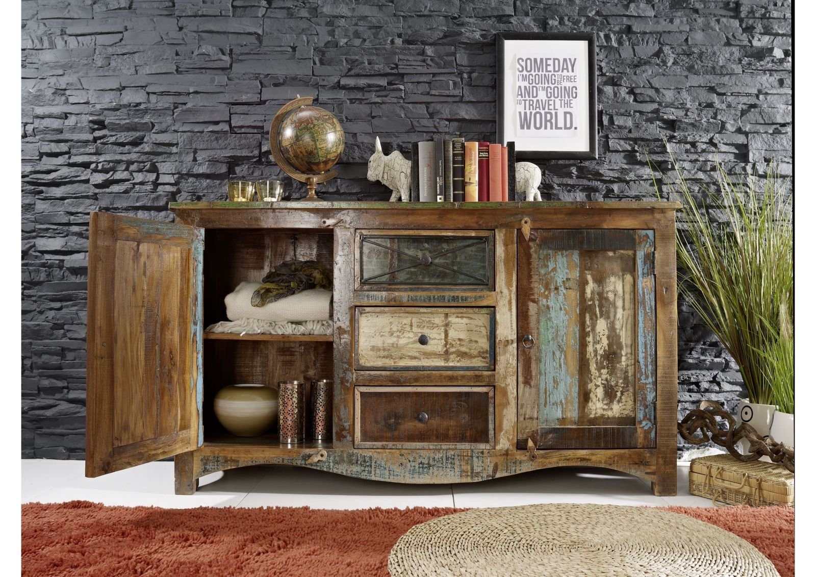 Massivmoebel24 Sideboard NATURE OF SPIRIT (Massivholz), Altholz 150x38x85 mehrfarbig lackiert NATURE OF SPIRIT #05