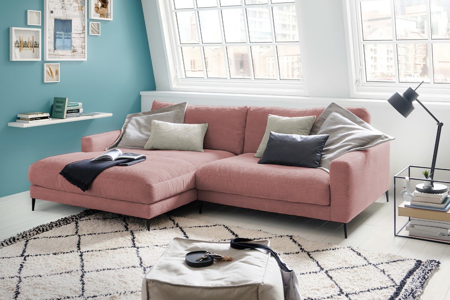 KAWOLA rechts, Sofa Ecksofa CARA, Cord, rosa od. Recamiere versch. links Farben