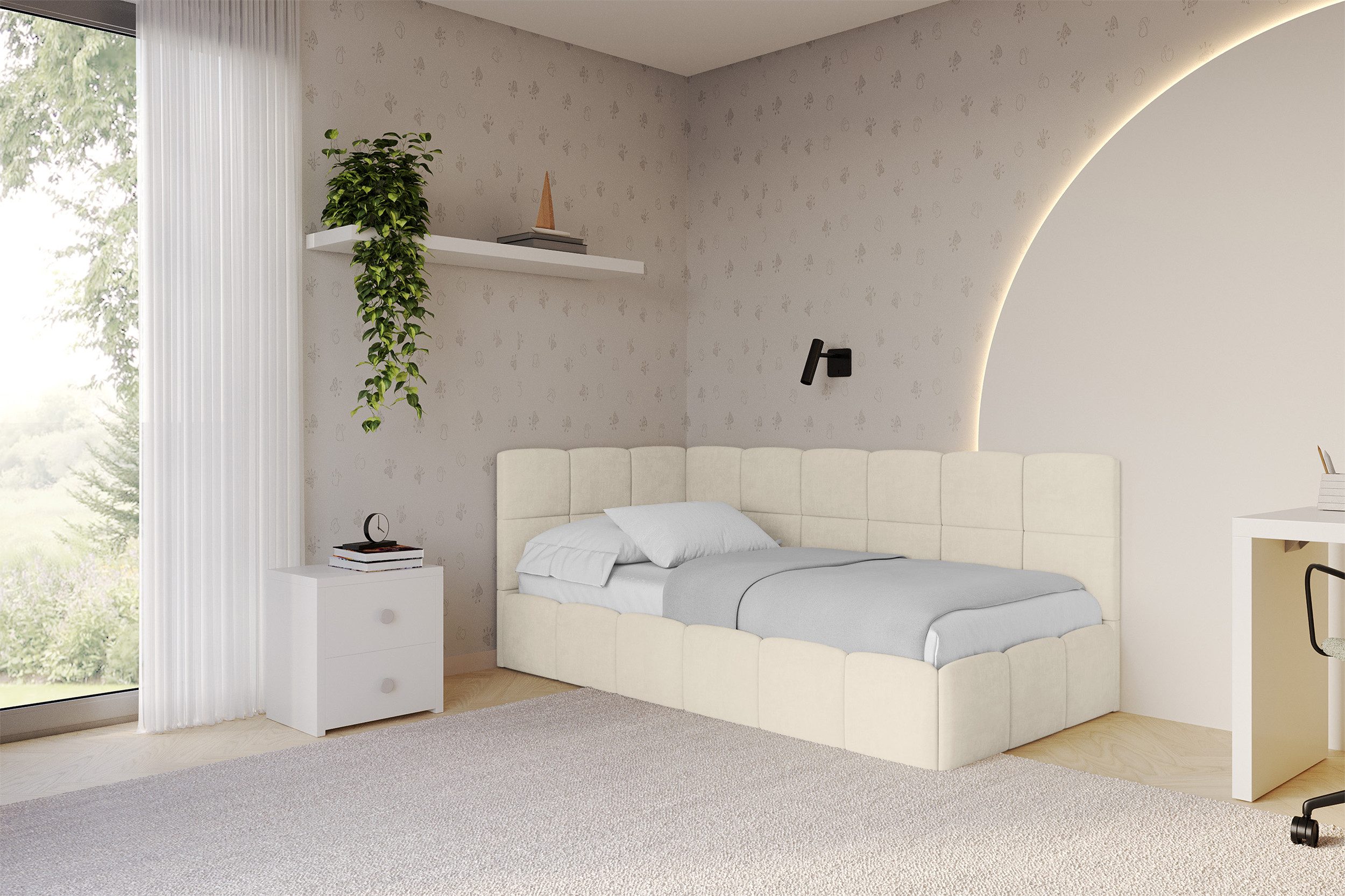 ALTDECOR Jugendbett LIVY (Jugendbett mit Bettkasten und Lattenrost, Polsterbett ohne Matratze), Einzelbett mit Stauraum, Bett mit Kopfteil