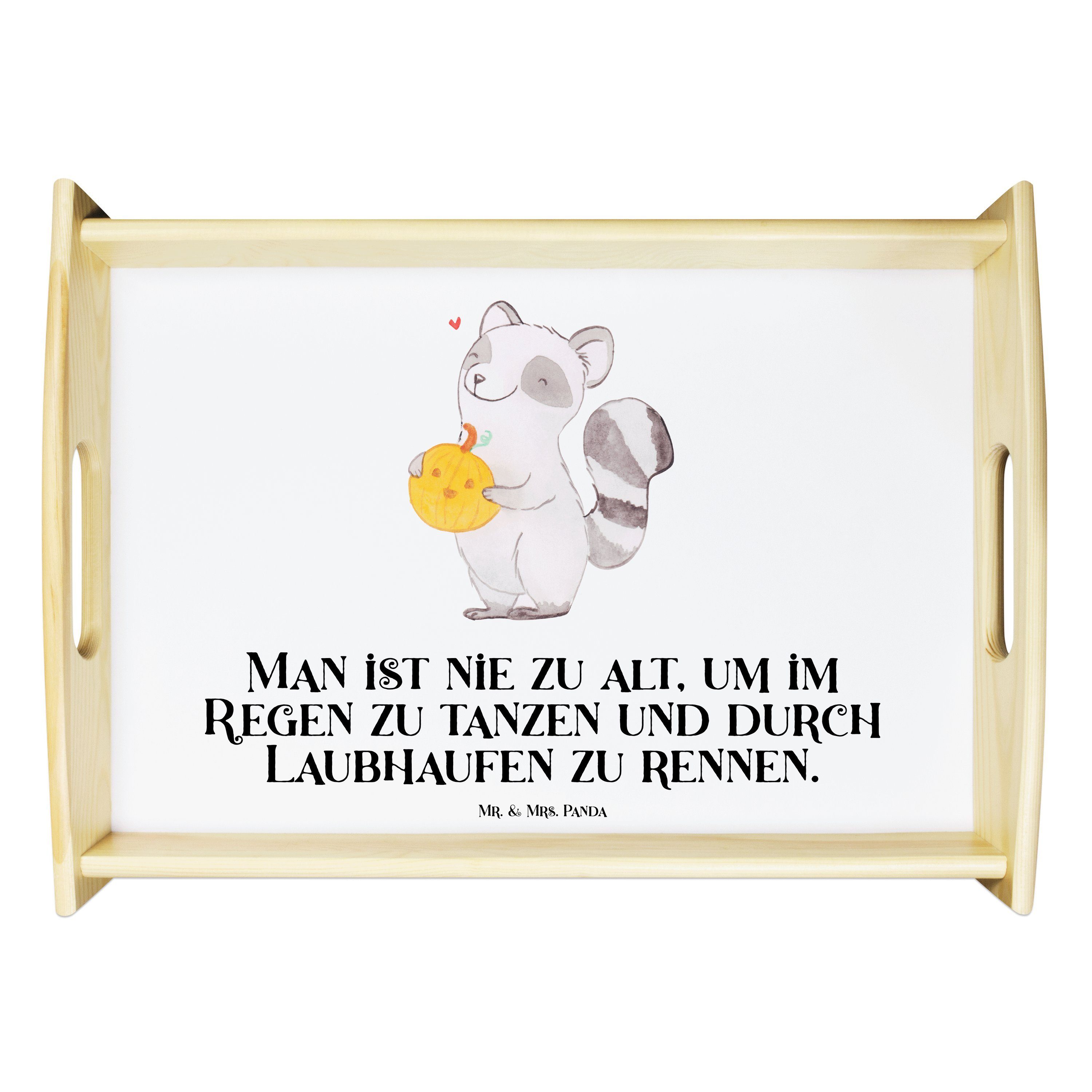 Mr. & Mrs. Panda Tablett Waschbär Kürbis - Weiß - Geschenk, Trick or Treat, Süßes sonst gibt's, Echtholz lasiert, (1-tlg) | Tabletts