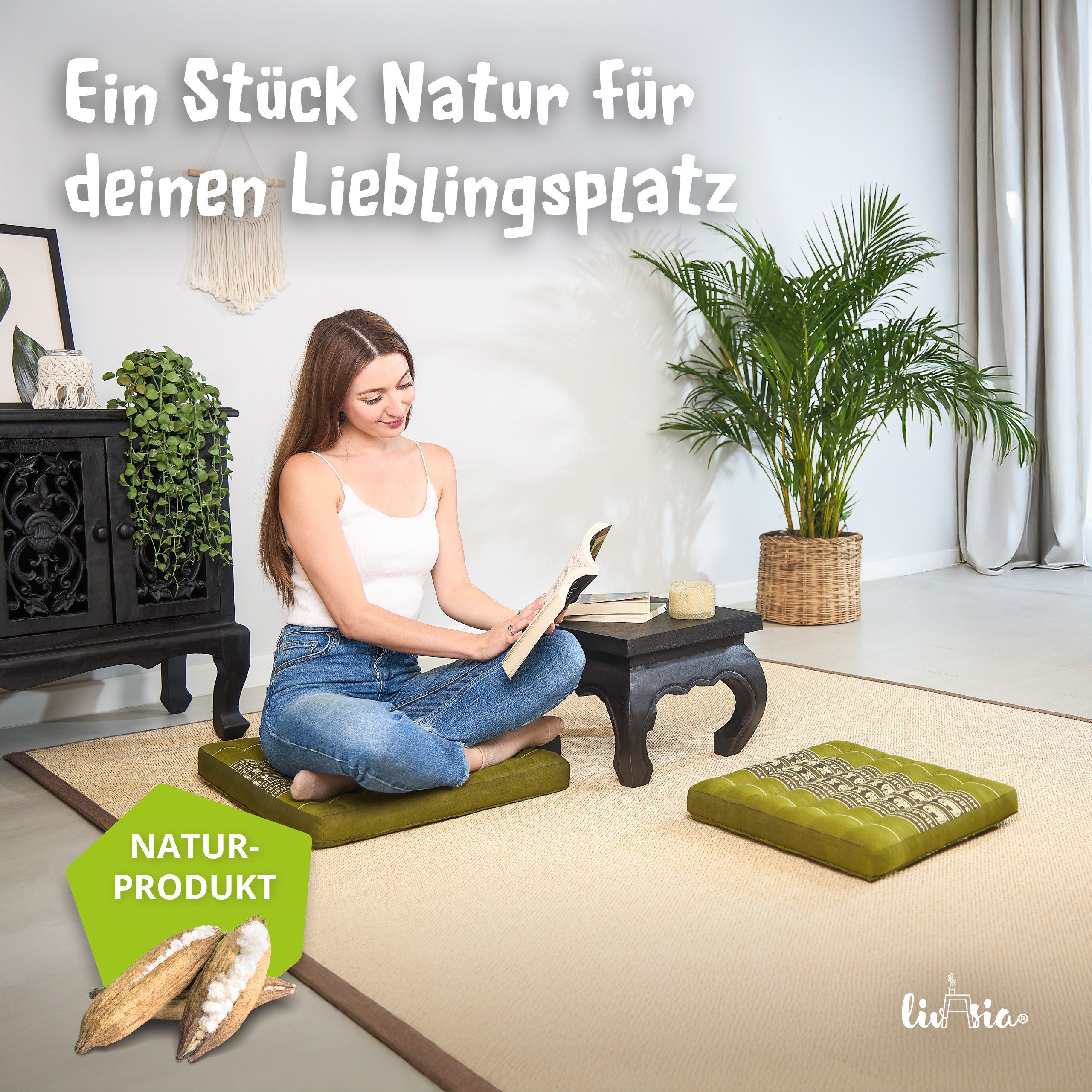 livasia Sitzkissen Sitzkissen 35 cm, vegan und handgefertigt, 35x35x6cm, Kapok