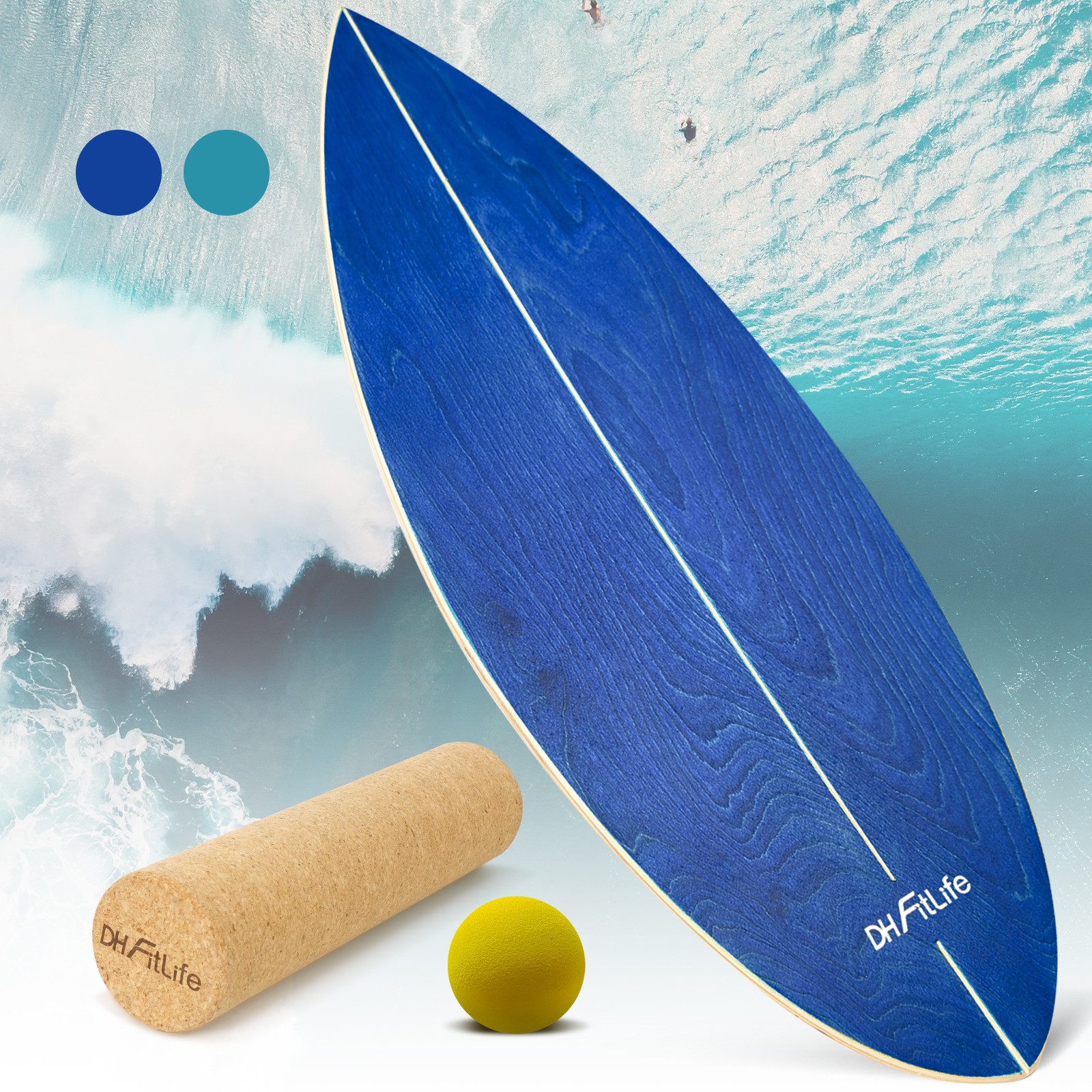 DH FitLife Balanceboard Surf Balance Board Set mit Korkrolle und Balance Ball, Für Balance, Koordination, Core-Training und Surf-Feeling