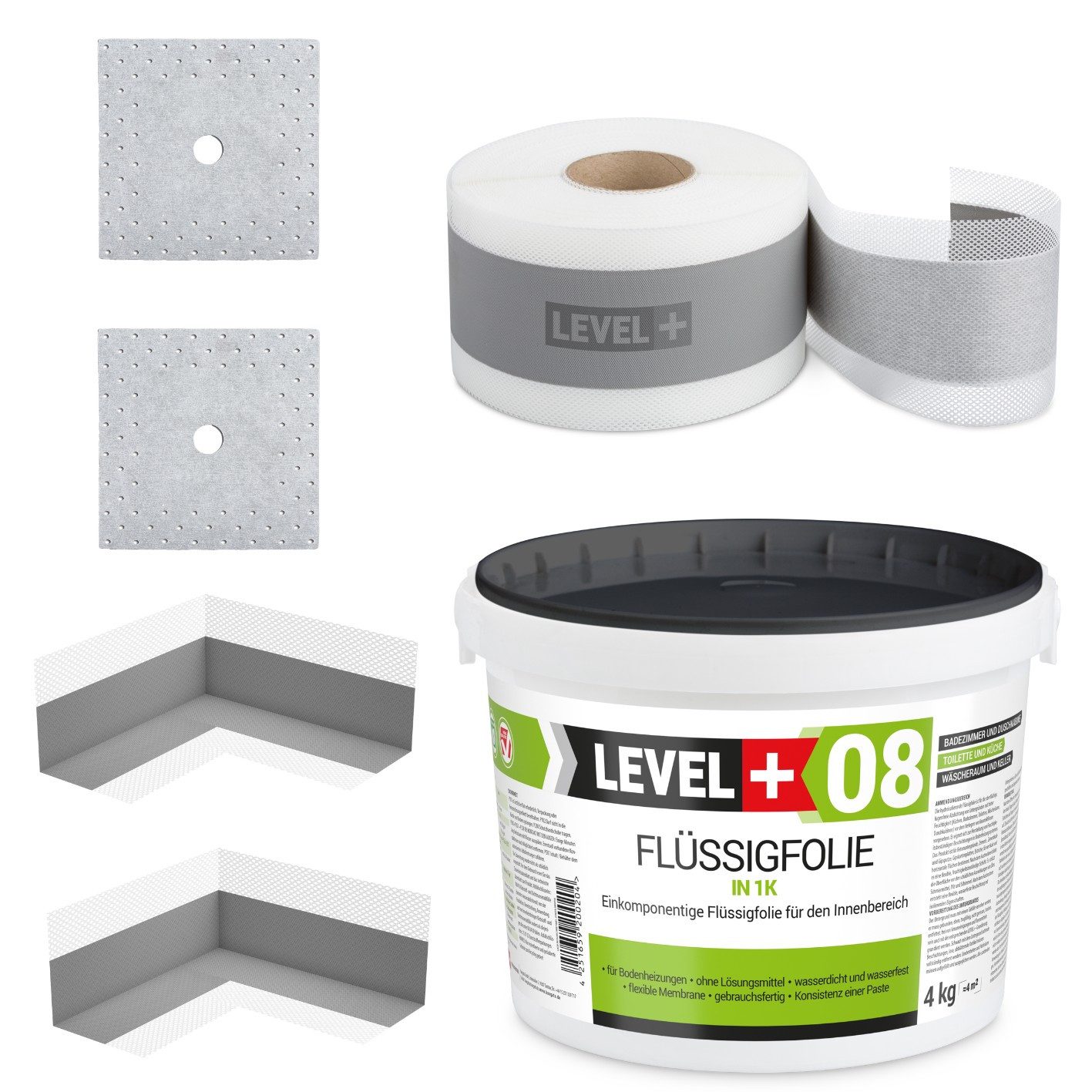 Level+ Dichtstoff Dichtset für Duschabdichtung Bad Dichtband Flüssigfolie 4kg SET07