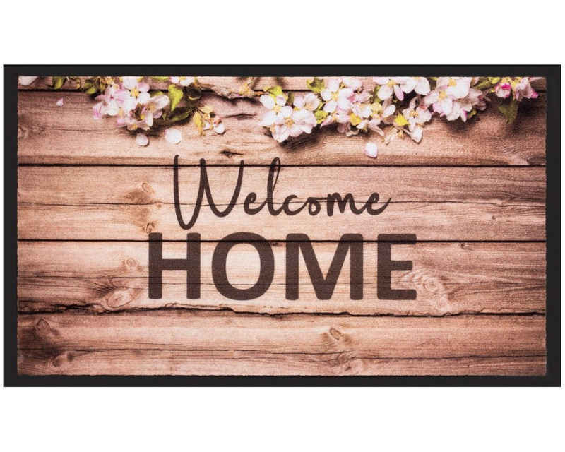 Fußmatte Türmatte Welcome Home Spruch Holz-Optik Blumen in 40x75 cm, matches21 HOME & HOBBY, rechteckig, Höhe: 5 mm, Rutschfester Fussabtreter für innen als waschbare Schmutzfangmatte