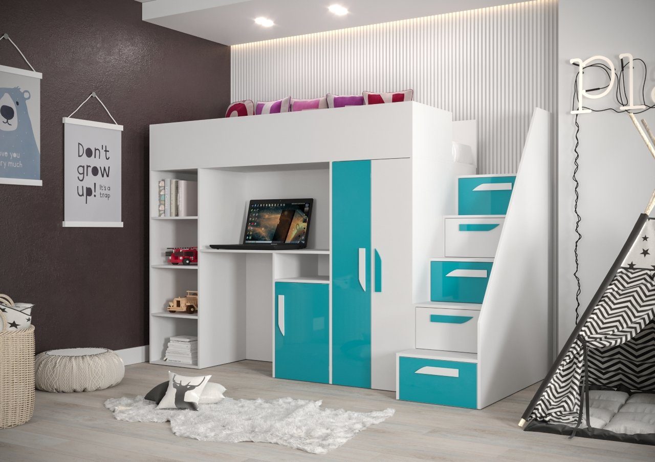 Home Treppe und PAR Kleiderschrank wählbar Schreibtisch, Kinderbett Hochbett 14, Weiß/Türkis Farbe Unique Inkl.