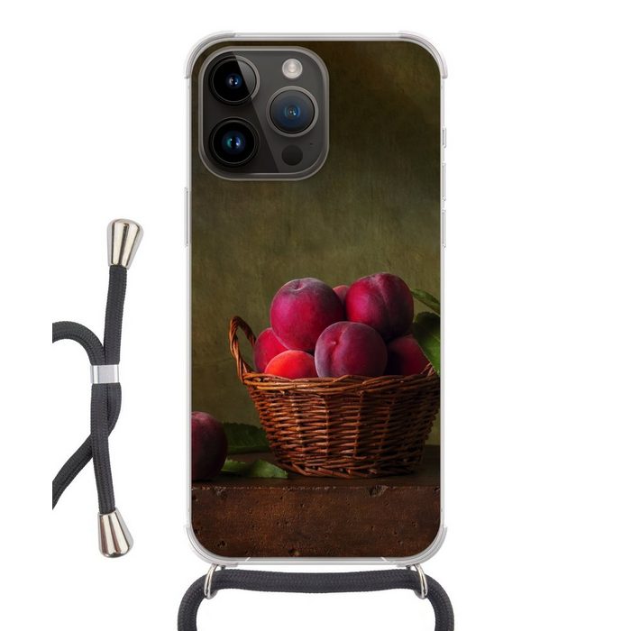 MuchoWow Handyhülle Korb - Pflaume - Rosa - Rustikal - Obst - Stilleben Handyhülle Telefonhülle Apple iPhone 14 Pro