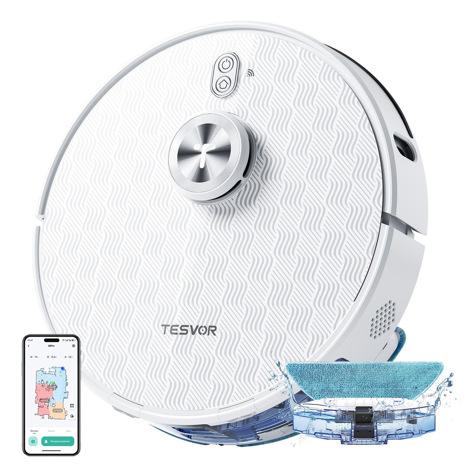 Tesvor Вакуумный робот 260min 8000Pa 5200 mAh Lasernavigation Wischfunktion Staubsauger, 220 W, 3-in-1 Staubux und Wassertank, Ultraschall-Teppicherkennungs-Technologie