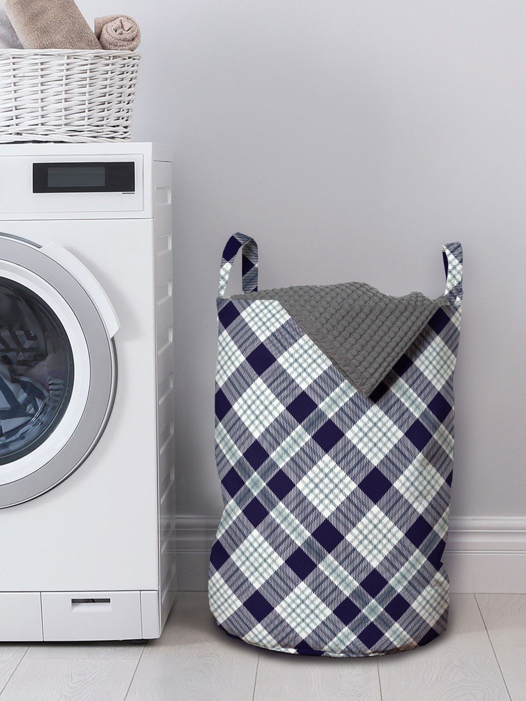 Mode Waschsalons, Abakuhaus Kordelzugverschluss Wäschesäckchen Wäschekorb Marine-Plaid Classic Griffen für Simple mit