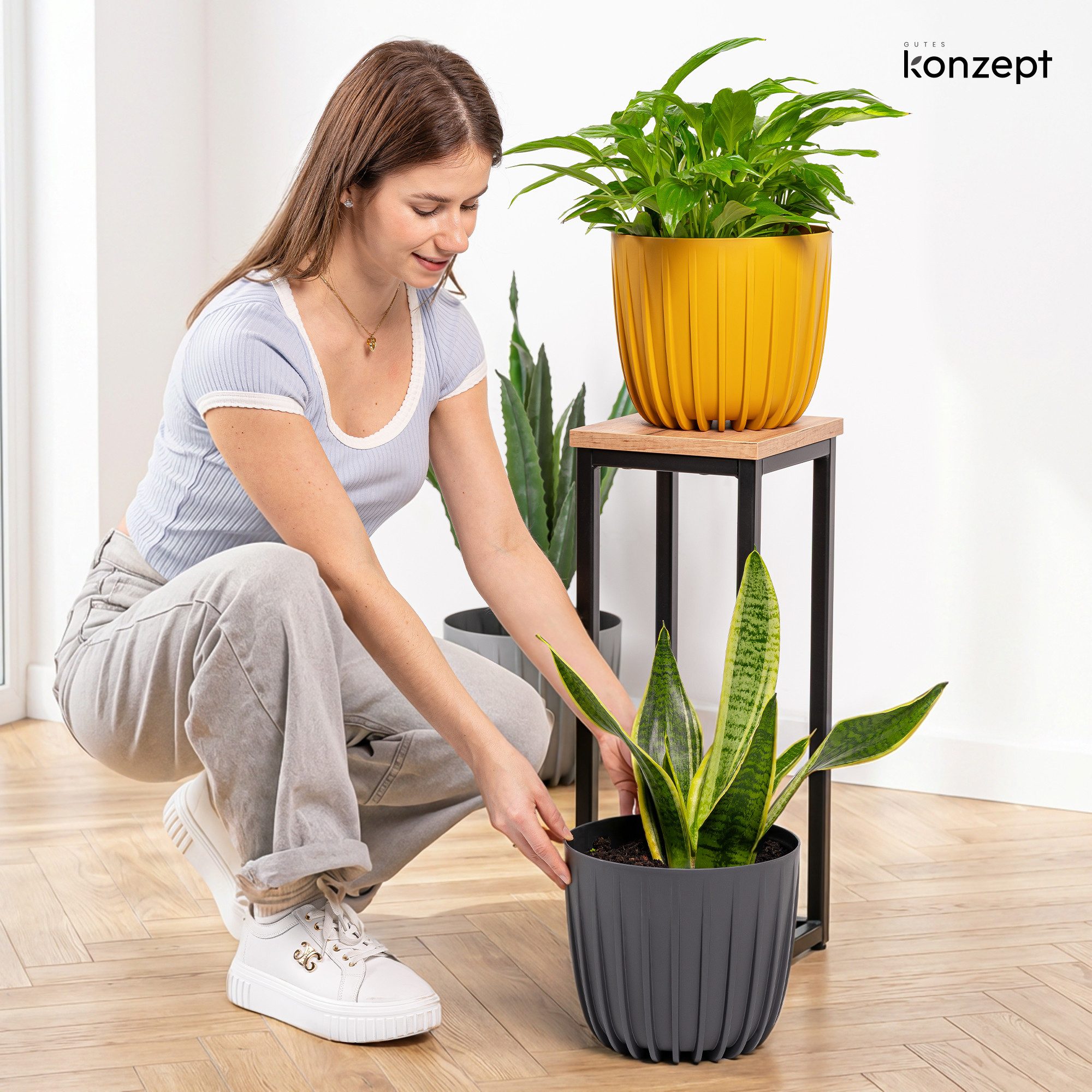 KONZEPT Blumentopf Ø 24 cm, 7 L, Rillenstruktur, für Zimmerpflanzen, Balkon & Terrasse, Rillenstruktur, Matte Oberfläche, Volumen: 7 L