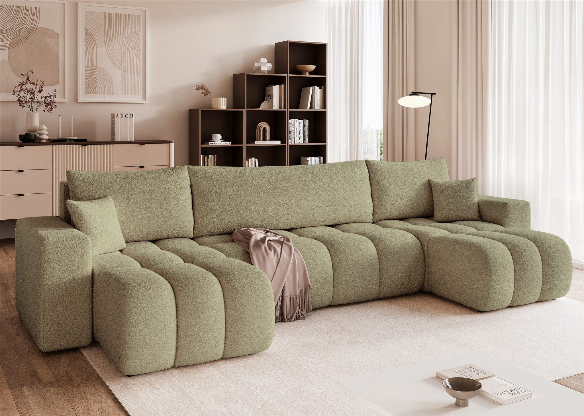 Fun Möbel Wohnlandschaft Schlafsofa ANABEL mit Ottomanen in Stoff, mit Schlaffunktion, Bettkasten, Rücken echt bezogen