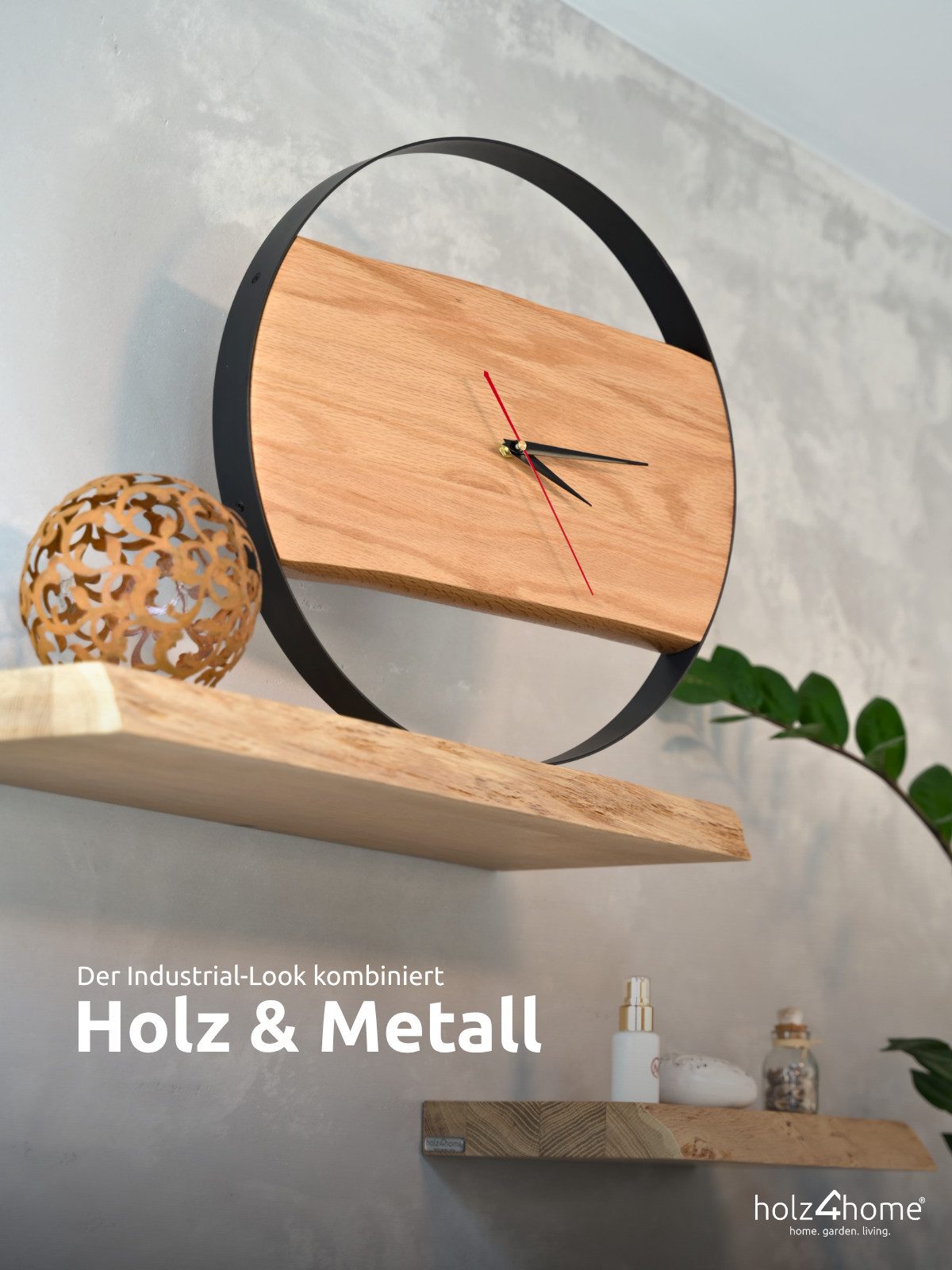 holz4home® Wanduhr Uhr aus Eichenholz mit Stahlrahmen Ø43 cm (Massivholz) günstig online kaufen