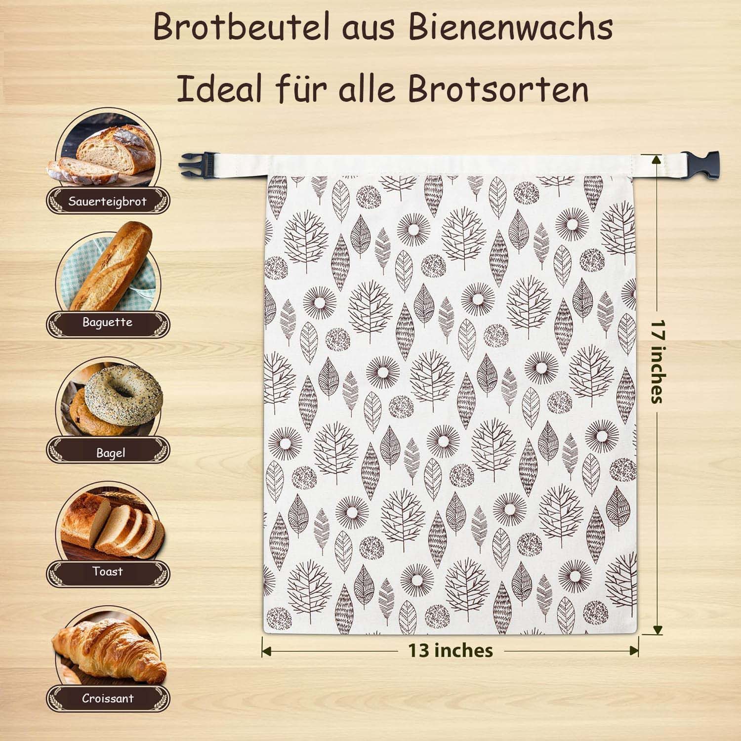 Agger Brottasche 2er Wiederverwendbare Bienenwachs Brotbeutel 43cm×33cm, (2-tlg)