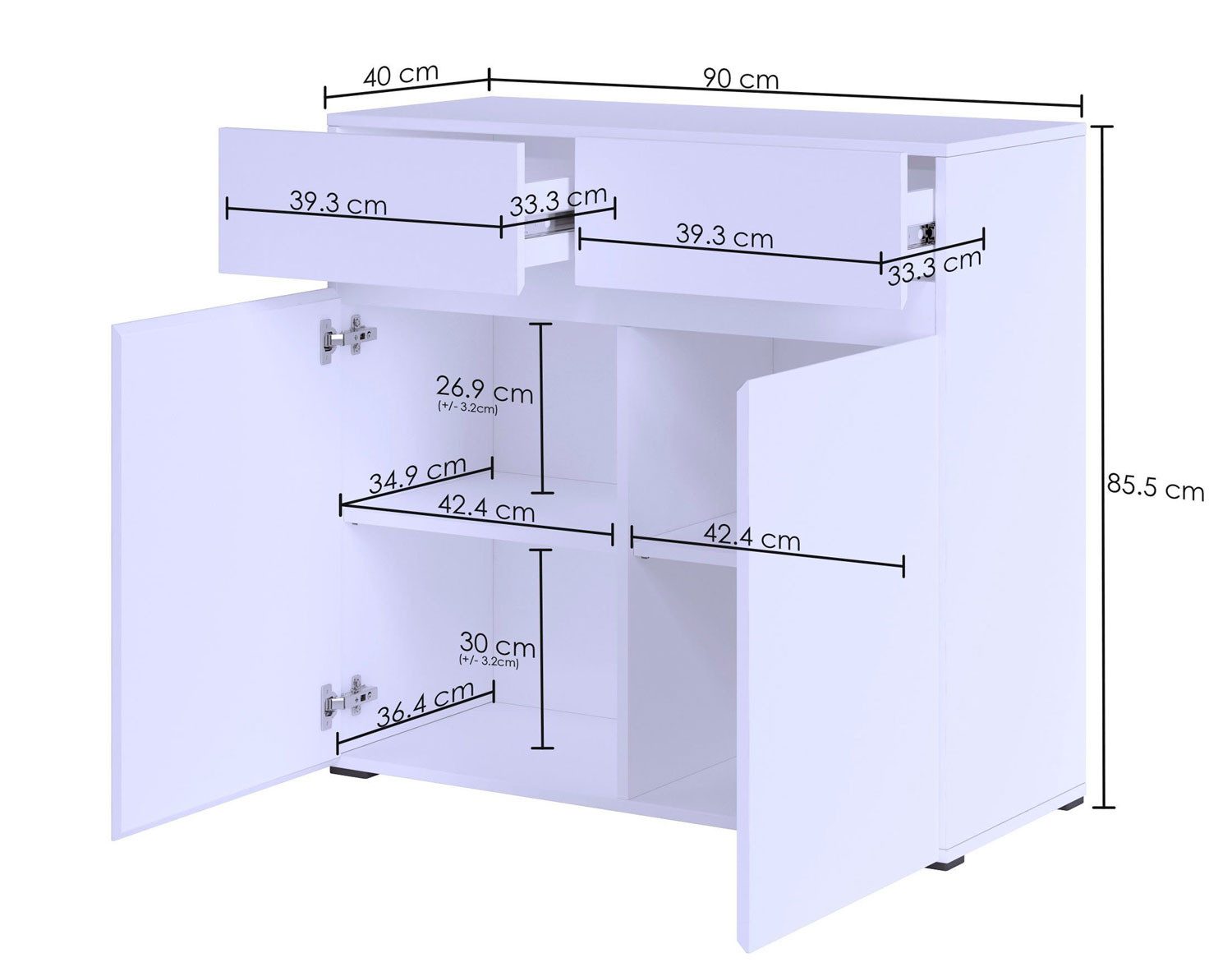 Feldmann-Wohnen Kommode Rimini (2 Holztüren, 2 Schubladen, 2 Einlegeböden, 1 St., moderne Optik, grifflos, schwarze Füße), 90x40x86cm weiß grifflos 2-türig
