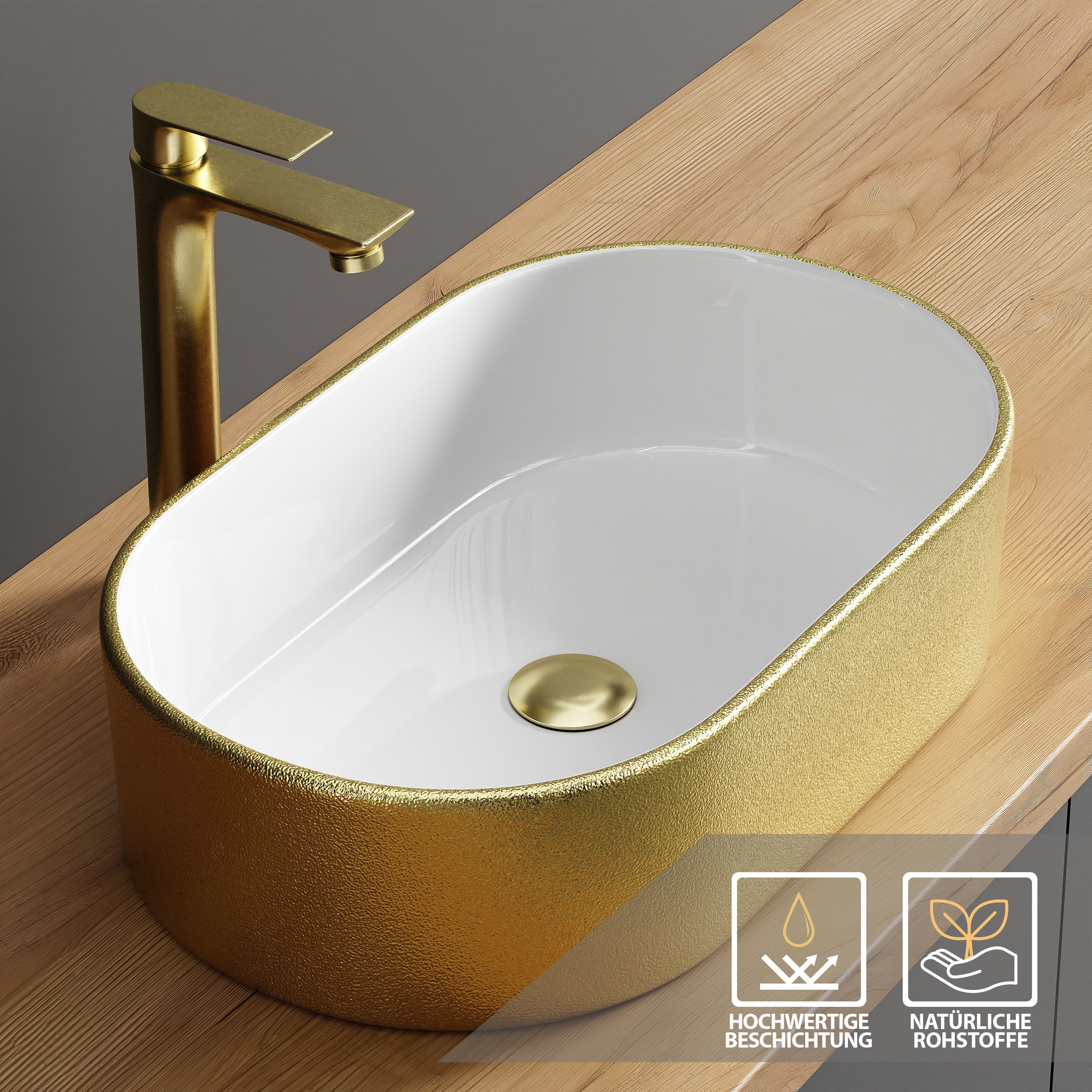 Planetmöbel Aufsatzwaschbecken Aquil Elegant Badezimmer Waschbecken 55 cm oval für Waschtisch – Bild 4 von 5