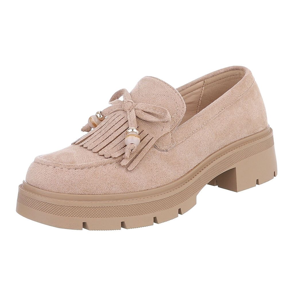Ital-Design Elegante Damen Mokassin mit Fransen und Details Slipper (91154491) Blockabsatz Mokassins in Hellbraun