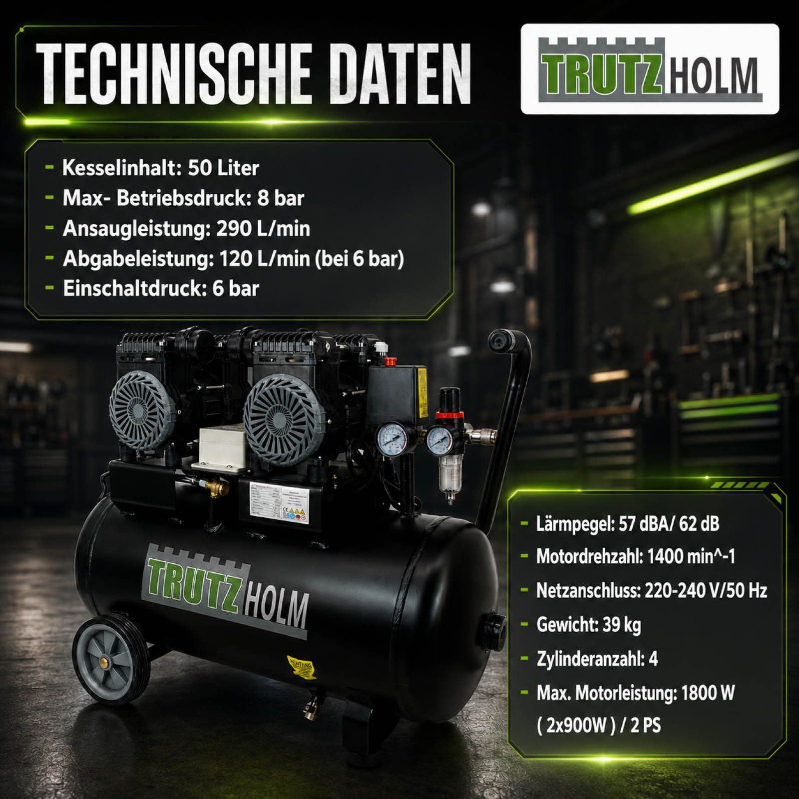 TRUTZHOLM Kompressor Premium Brushless Silent Flüsterkompressor 50L 1800W 62dB 8 bar, max. 8 bar, 50 l, Komplett-Set