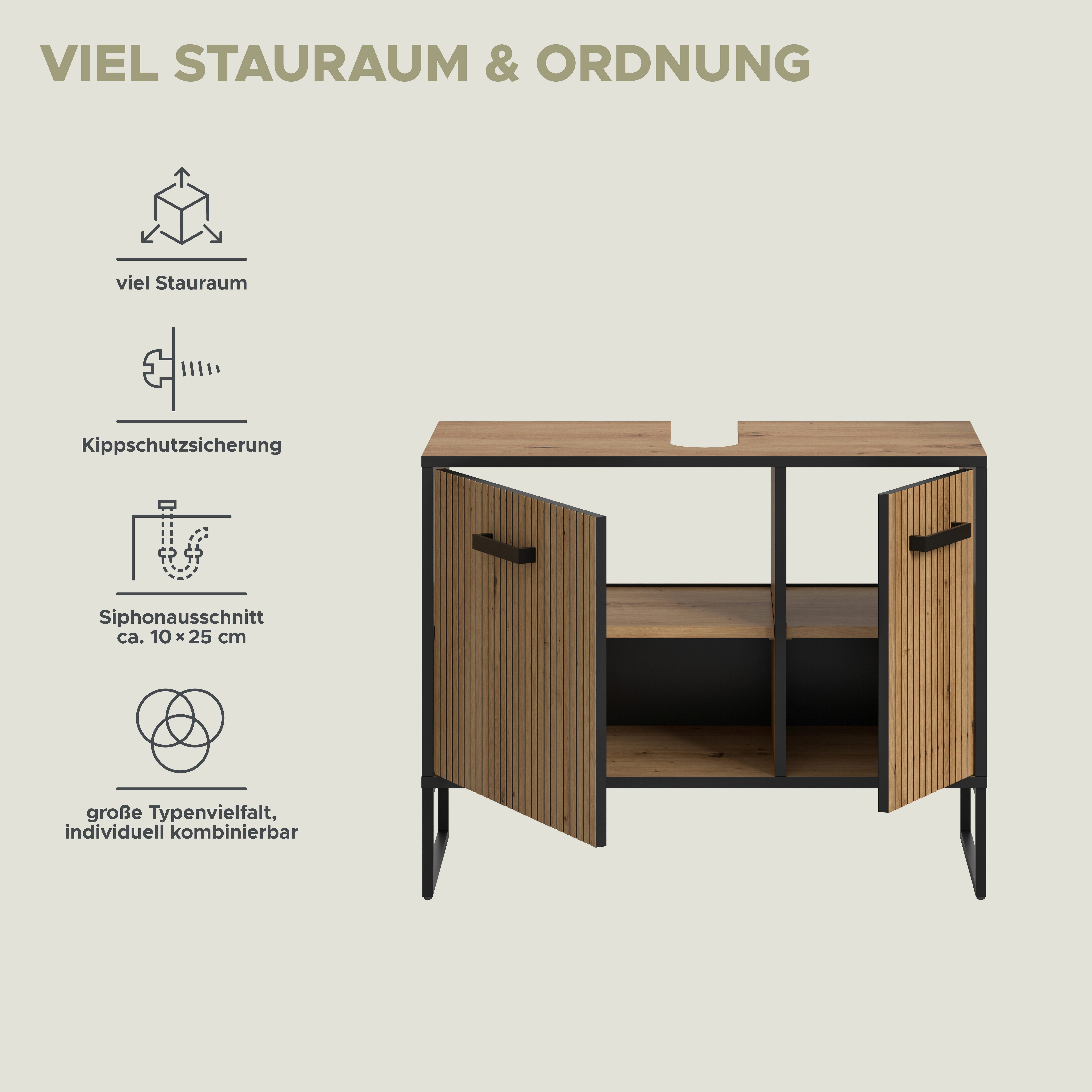 welltime Waschbeckenunterschrank LOCRI, Höhe 63 cm, 2 Türen, 2 Einlegeböden, mit Siphonausschnitt (1-St., industrial Look mit Rillenoptik & Metall Kufen) Badmöb – Bild 4 von 5