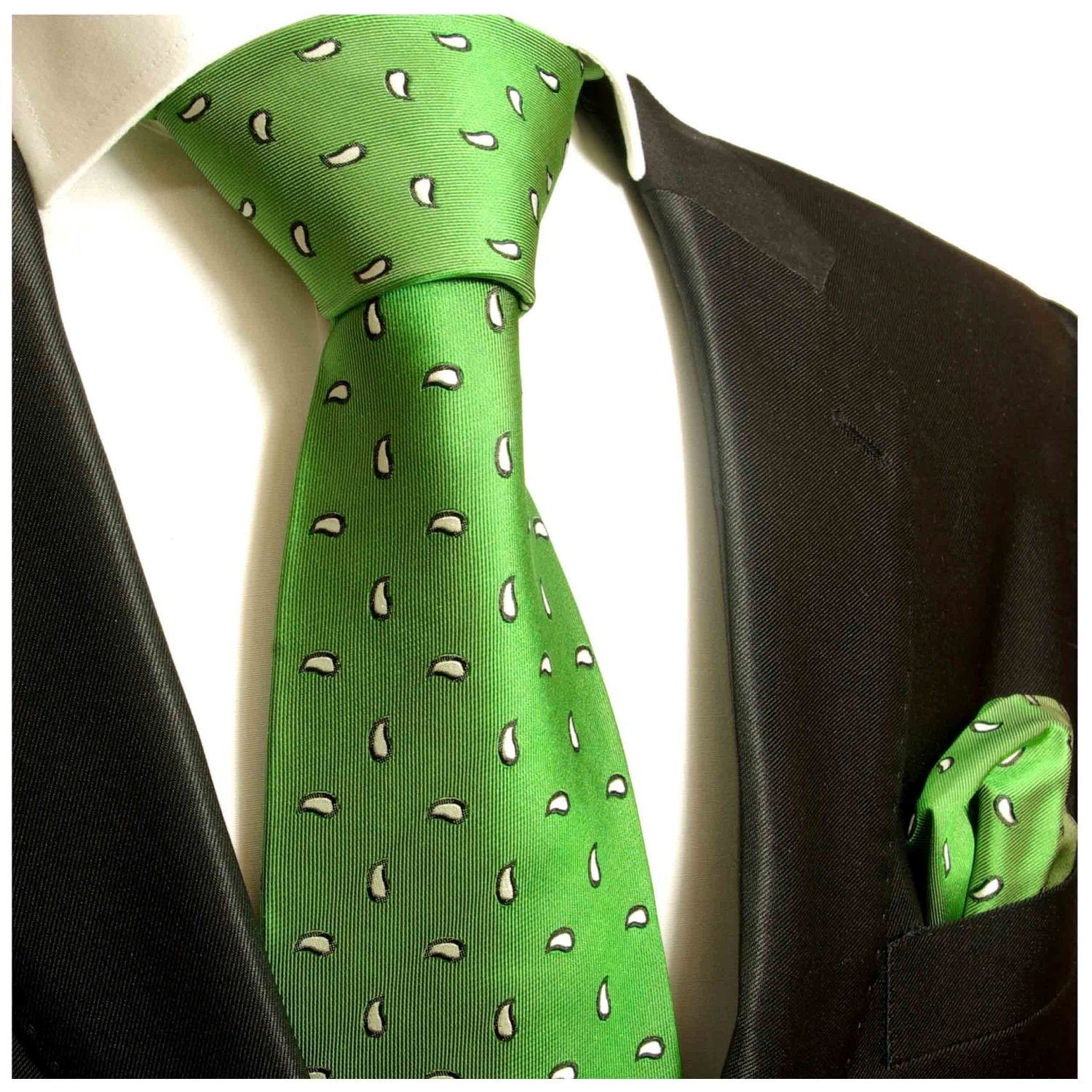 Paul Malone Krawatte Seidenkrawatte und Tuch Herren Schlips modern gepunktet 100% Seide (Set, 2-St., Krawatte mit Einstecktuch) Schmal (6cm), grün 717