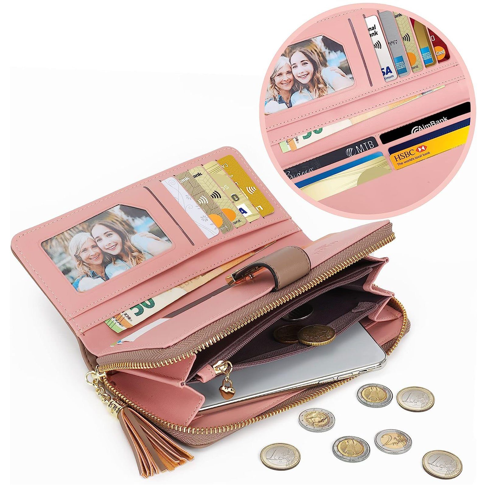 Geldbeutel Kreditkartenetui, 10,5 x Best Kartenfächer, 19,5 Leder Damen Pomelo Groß Wallet, Geldbörse Braun NFC Portmonee Weich Handytasche mit x 2,5cm Slim Ledergeldbörse Kartenetui, Brieftasche Kartenhalter), Münzfach mit Handtasche (Frauen Portemonnaie Lang 12 RFID-Schutz