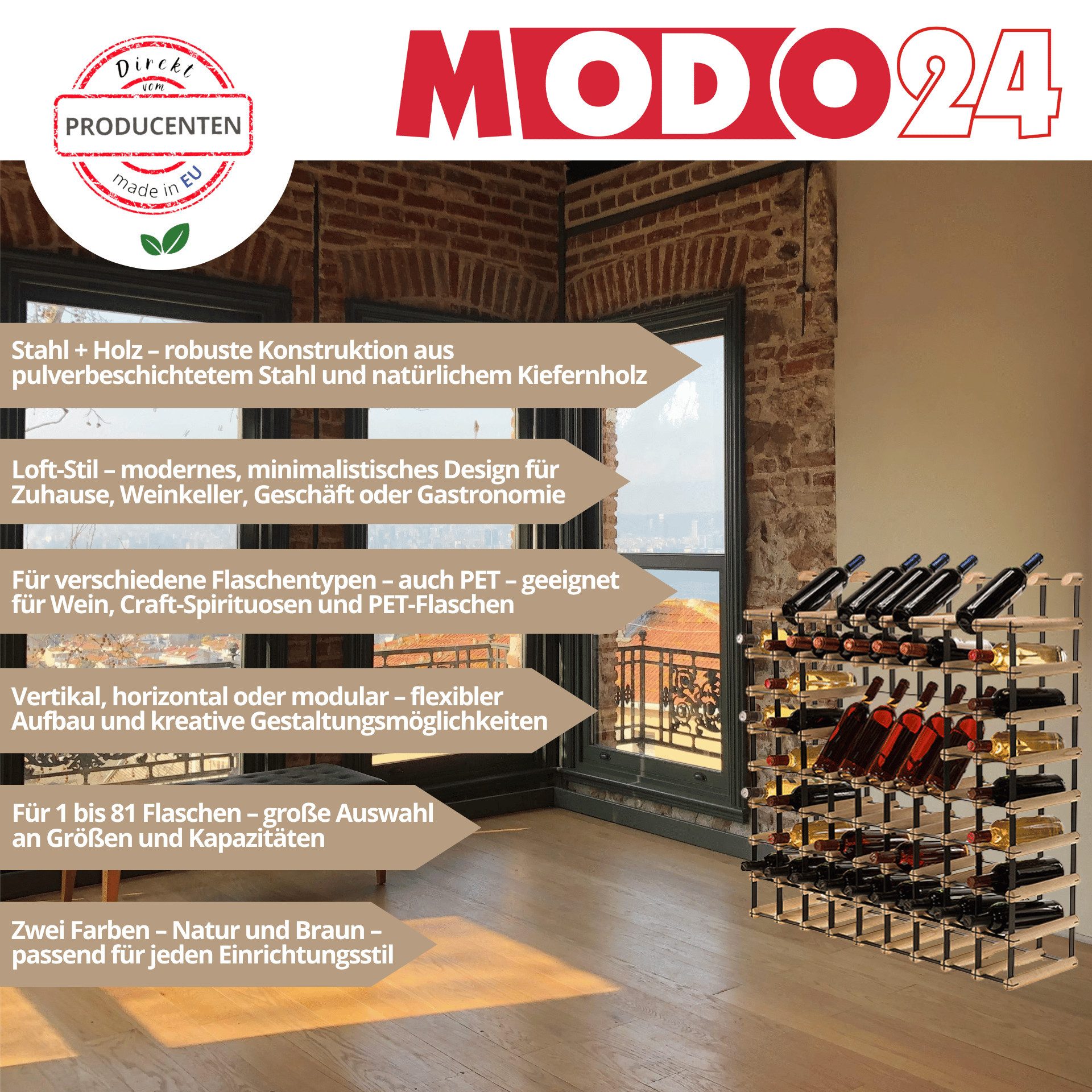 Modo24 Weinregal RW8 Flaschenregal Metall - Holz Flaschenständer 1 bis 81 Flaschen, Weinregal Modular Flaschenregal Weinständer Flaschenständer