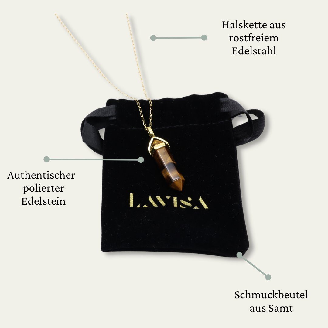 LAVISA Kette mit Anhänger Halskette Kristall Naturstein Obelisk Edelstein gold Tigerauge