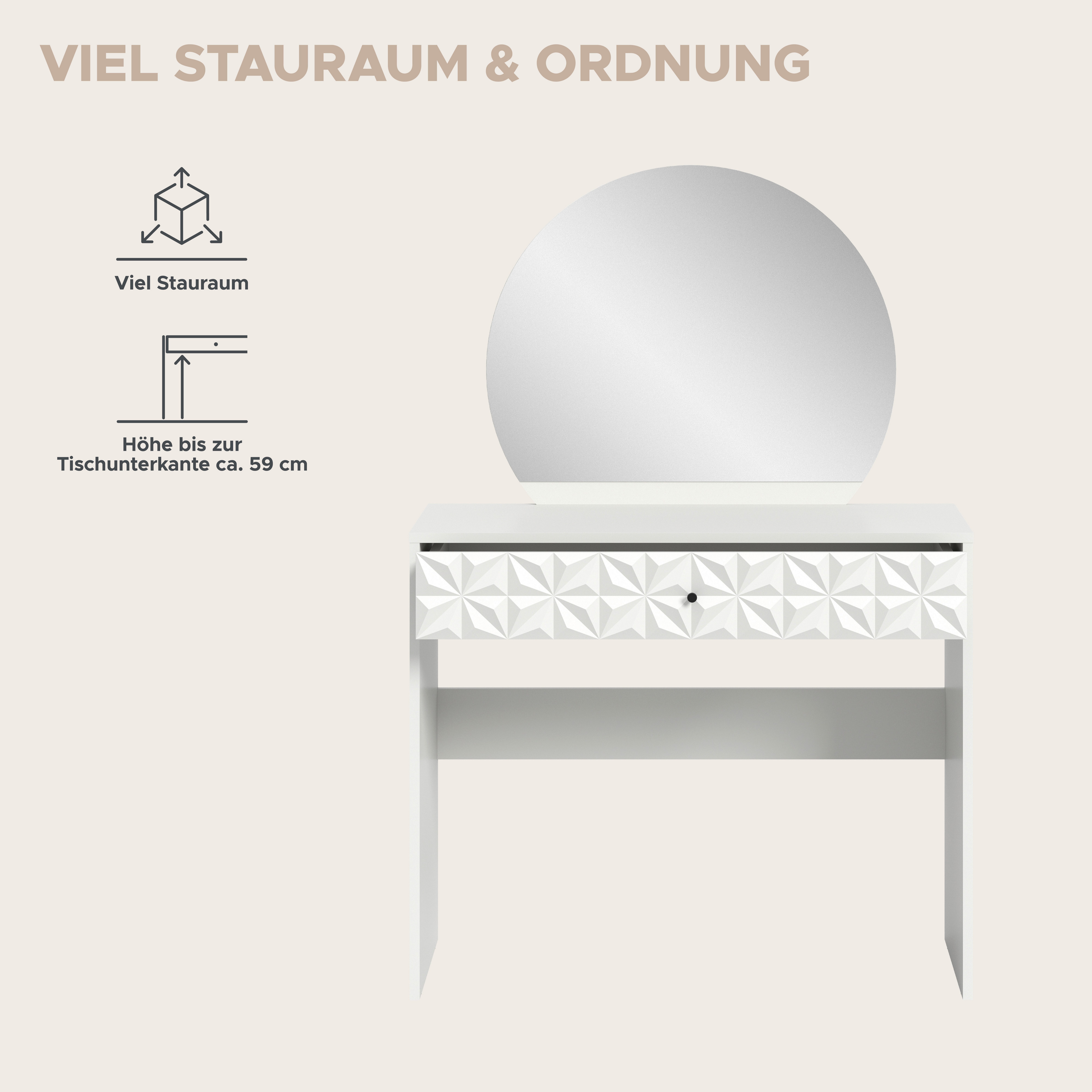 furnling Schminktisch Prima, 1 Schublade, 1 Spiegel, Prisma Optik, melamin beschichtet, weiß