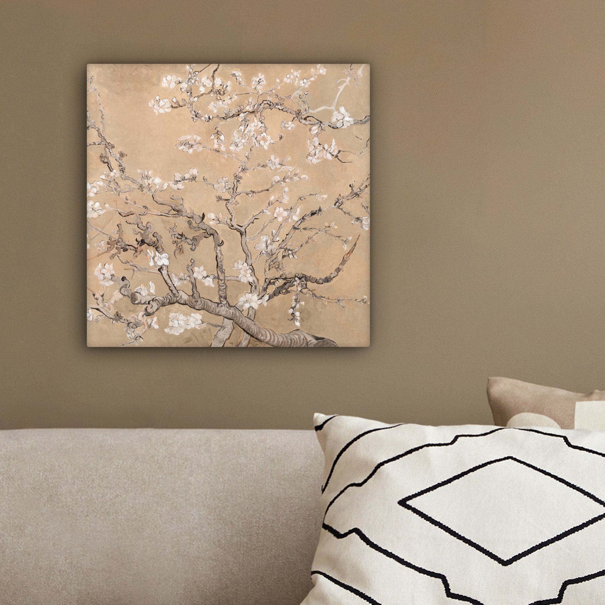 für Bilder Kunst Leinwand Mandelblüte Schlafzimmer, - Gogh 20x20 cm Van Beige, - (1 St), OneMillionCanvasses® Wohnzimmer - Leinwandbild