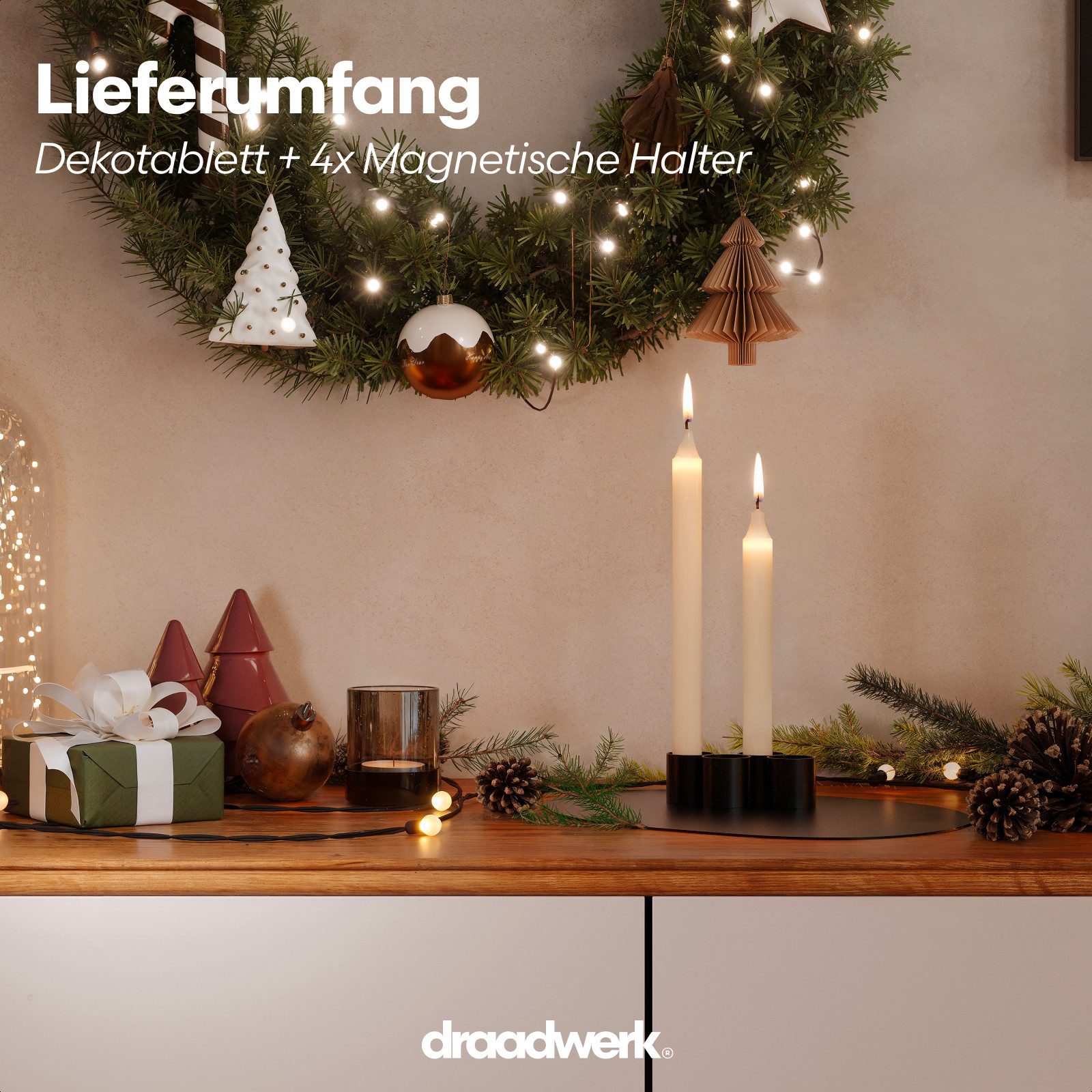 draadwerk® Kerzenhalter Dekotablett Stabkerzen 4 Stück