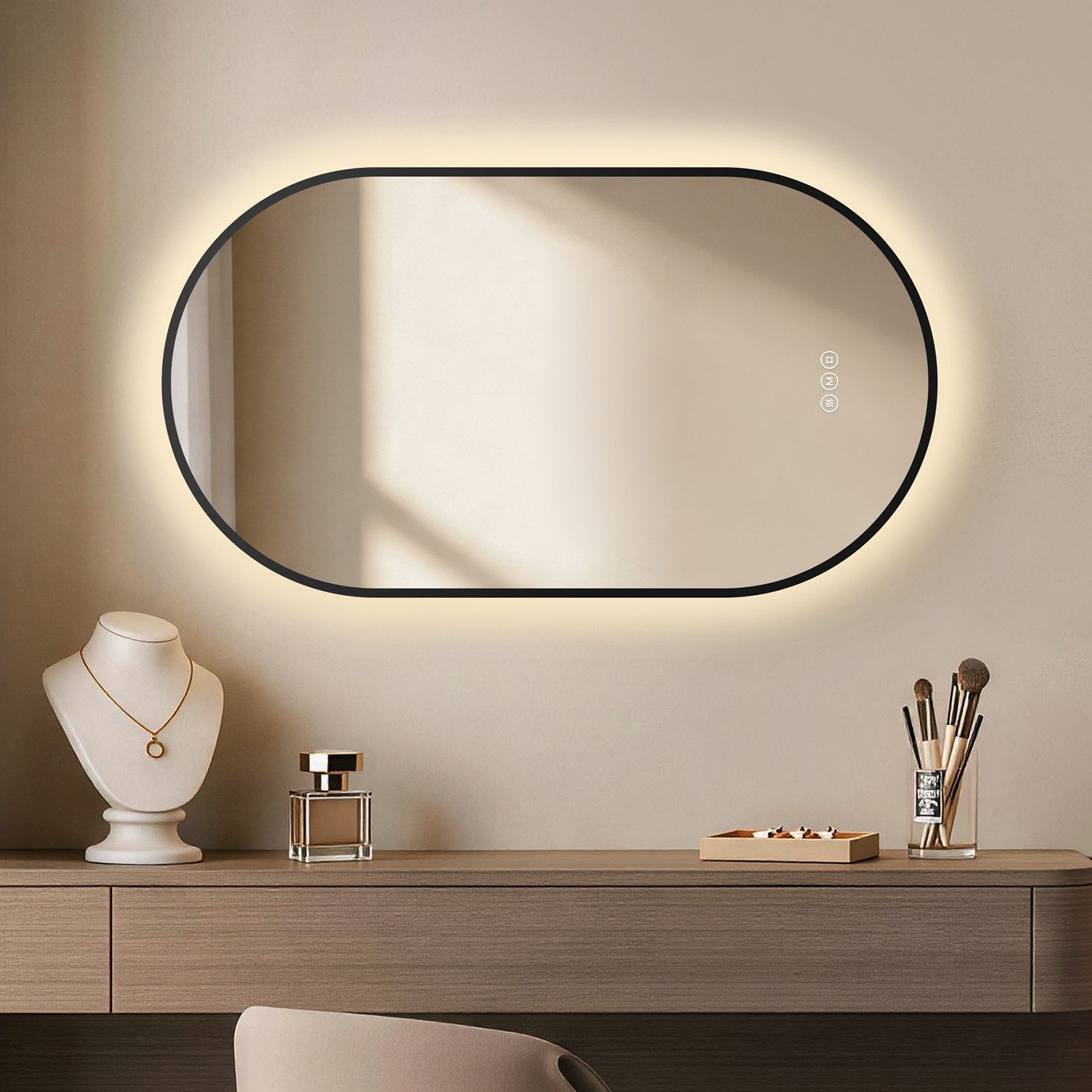 EMKE Badspiegel Oval mit LED-Beleuchtung, dimmbar, 3 Lichtfarben und Antibeschlag, 5mm kupferfrei Touch Memory IP65