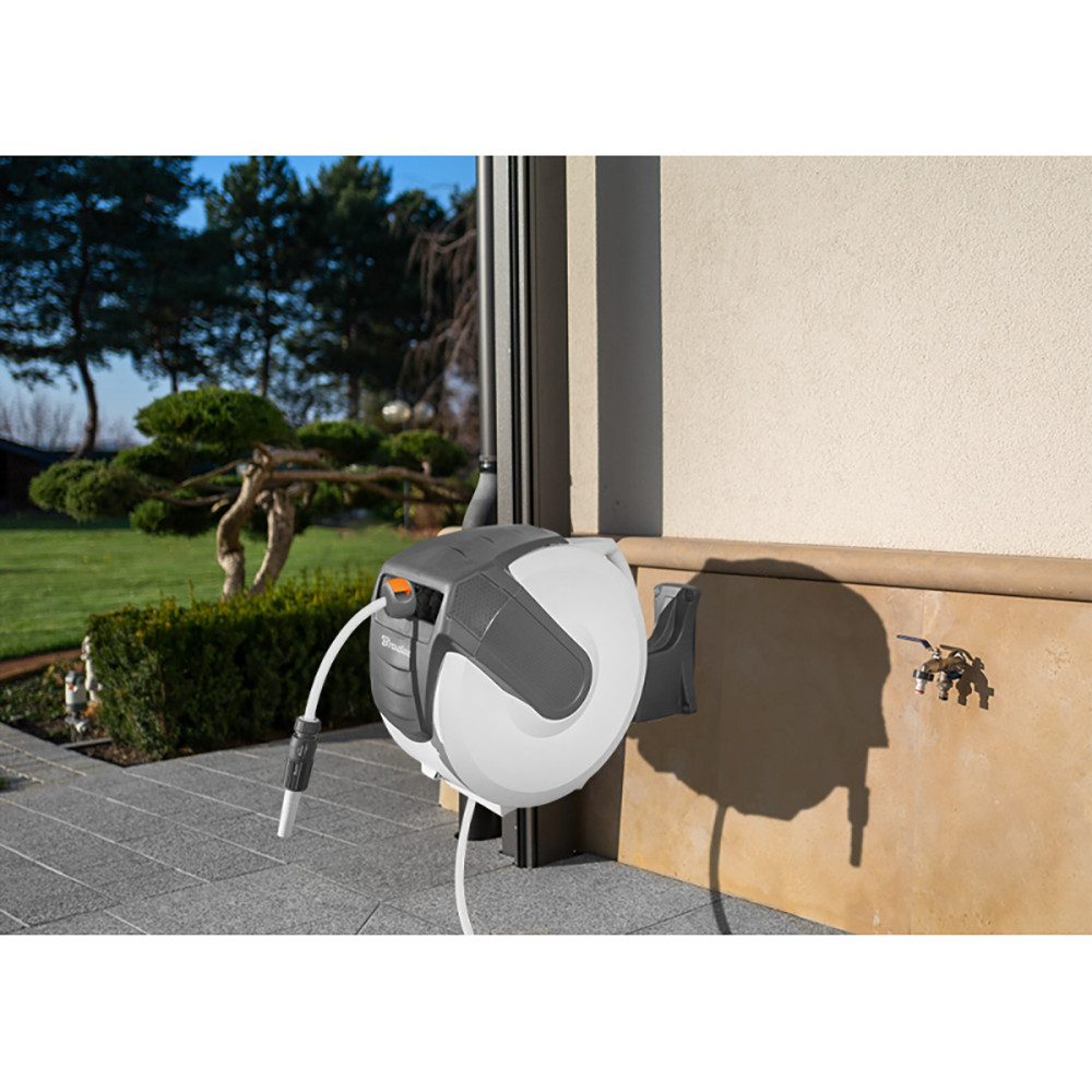Bradas Schlauchtrommel Schlauchaufroller Weiß 1/2 Zoll 35 m selbstaufrollend und 180° drehbar