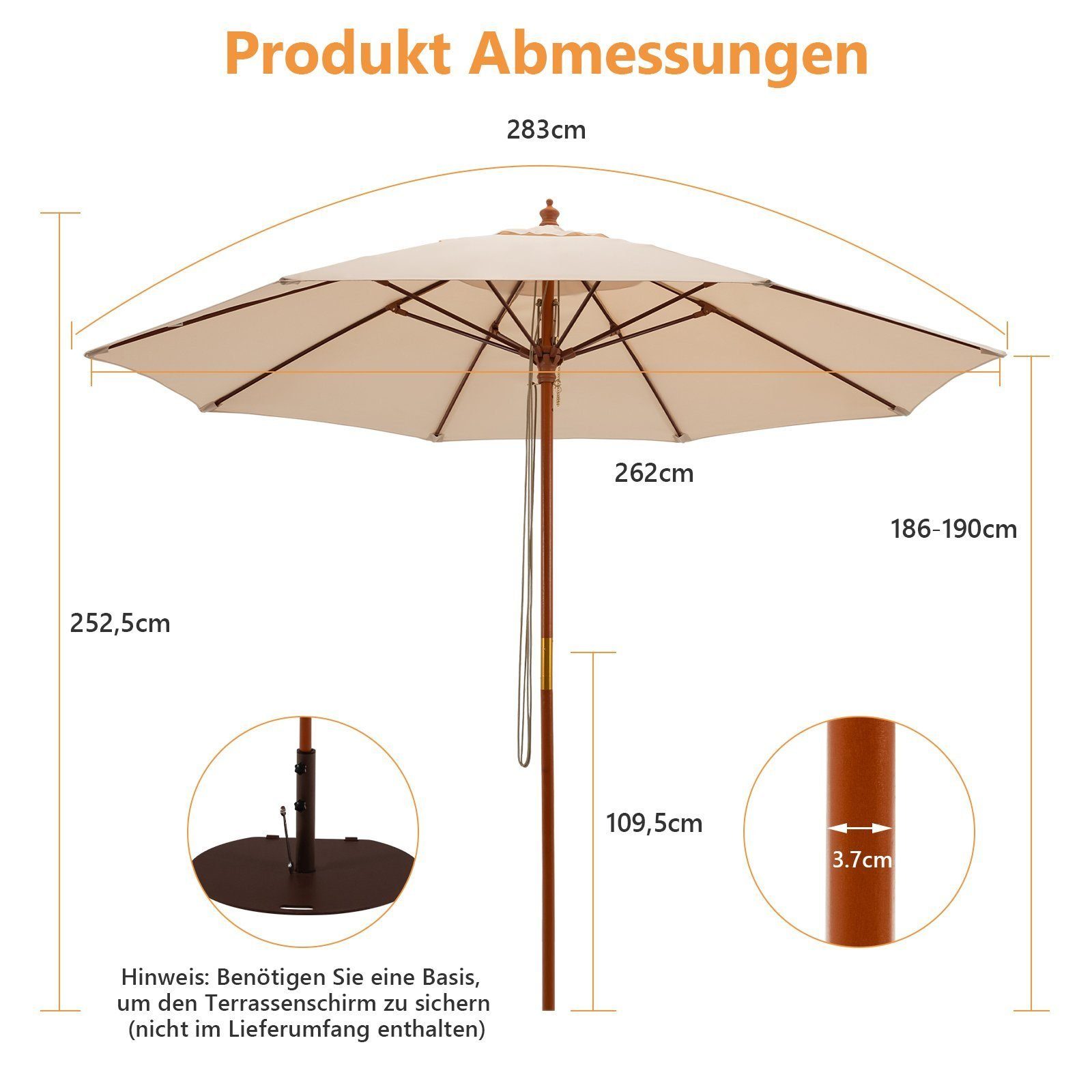 KOMFOTTEU Sonnenschirm Höhenverstellbarer Gartenschirm 260 cm, Holz