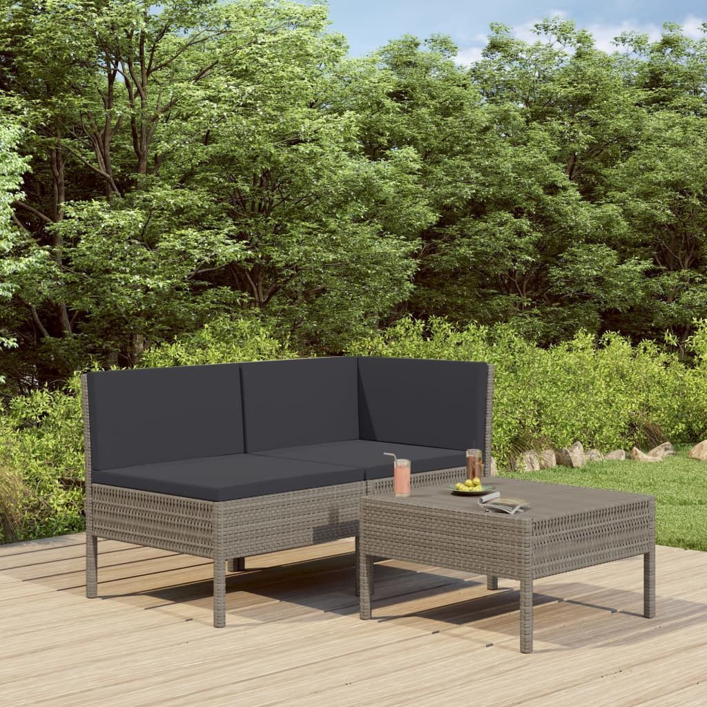 vidaXL Gartenlounge-Set 3-tlg. Garten-Lounge-Set mit Auflagen Poly Rattan Grau, (1-tlg)