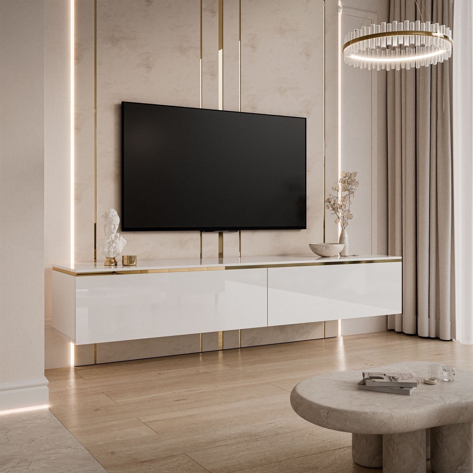 ALLHOUSE24 TV-Schrank Hängender PEONY 180 weiß Hochglanz mit Goldstreifen B günstig online kaufen