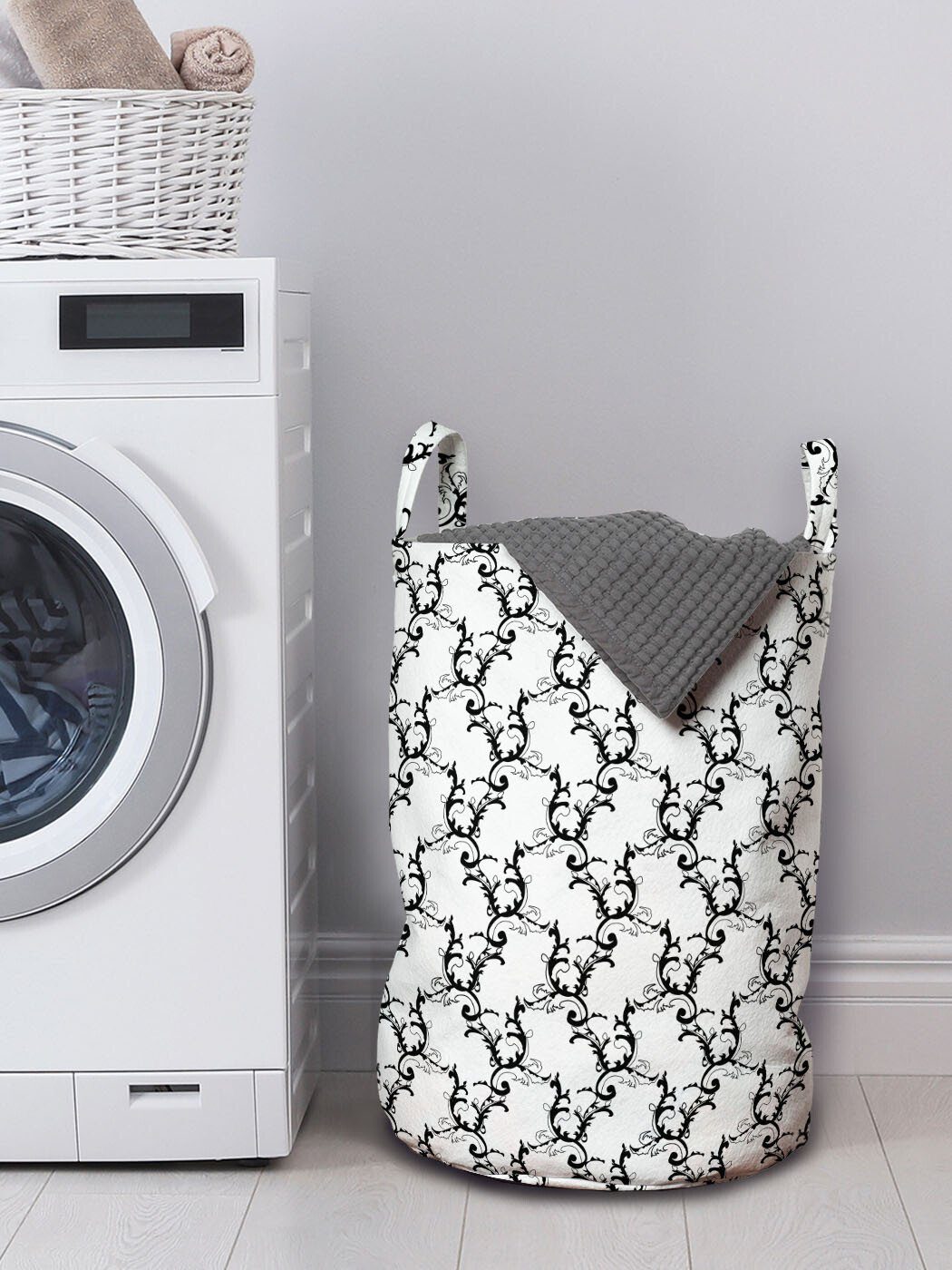 Waschsalons, mit und weiß Curly Wäschekorb Klassische Griffen Schwarz Kordelzugverschluss Wäschesäckchen Abakuhaus für