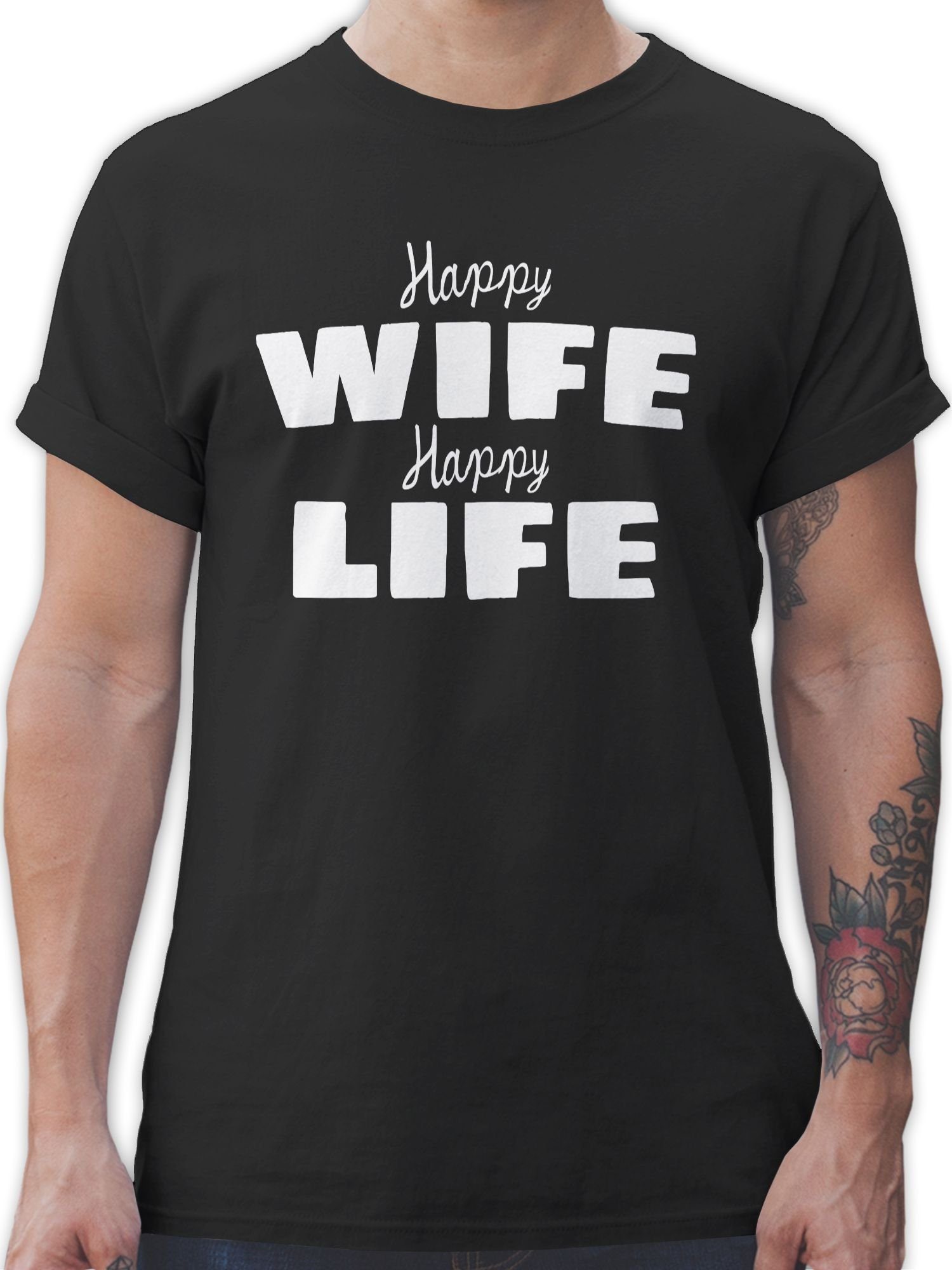 T-Shirt happy Statement Shirtracer wife life Schwarz Sprüche 01 Happy