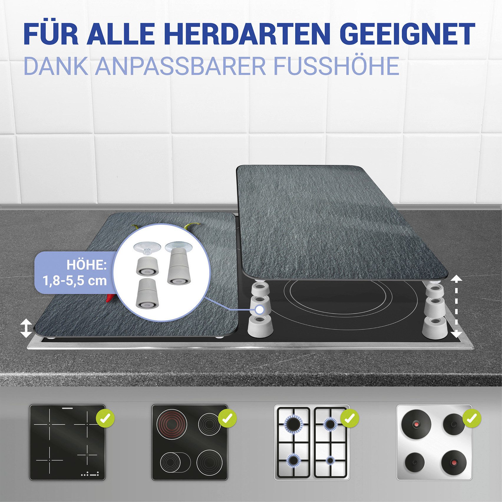 WENKO Herd-Abdeckplatte Universal Modell Cayenne, Glas, (Set, 2 tlg), Herdabdeckung für alle Herdarten, kratzfest, mit rutschfesten Füßen