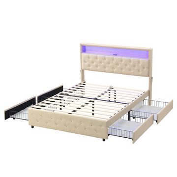 OKWISH Polsterbett Doppelbett (LED-Bett, Nachttisch-USB-Schnittstelle, Polsterbett mit 4 Schubladen), 140*200 cm, Ohne matratze