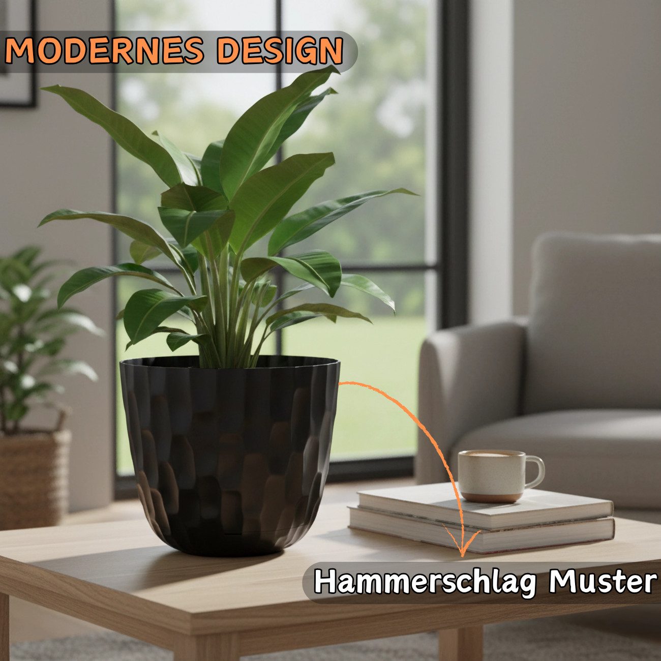 Engelland Blumentopf Pflanztopf mit Untersetzer & Bewässerungssystem (Vorteils-Set, 1 St., robuster PP-Kunststoff), Übertopf, Hammerschlag-Optik, Innen- & Außen, Wasserspeicher, rund