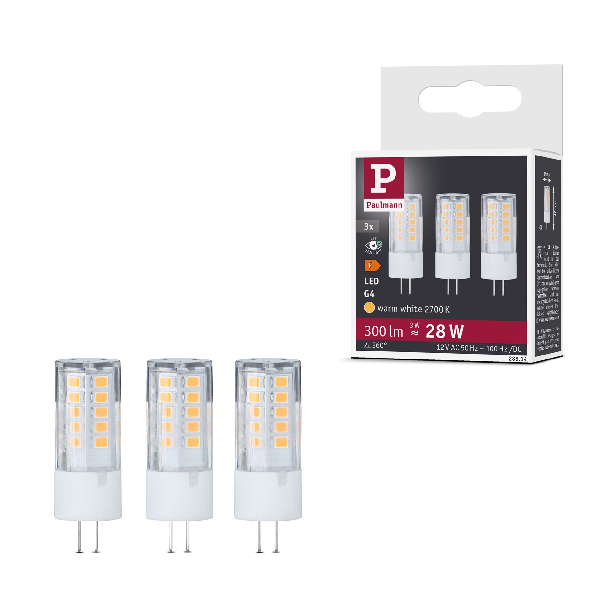 Paulmann LED-Leuchtmittel Standard 12V LED Stiftsockel G4 3er-Set 3x300lm 3x3W 2700K Klar, G4, 3 St.