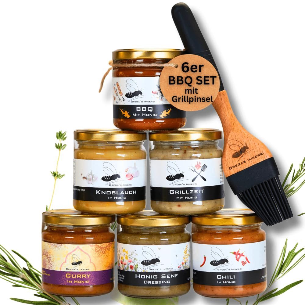 Grega´s Imkerei Grillsauce BBQ Honig Grillset 7-teilig, 6 x 250 g, (Inklusive Grillpinsel und passenden BBQ Rezeptideen, zum Marinieren, für Dips oder Glasieren vom Grillgut), perfektes Geschenkset für Grillfans direkt vom Imker