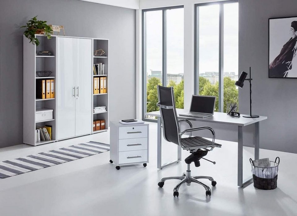 BMG Möbel Büromöbel-Set Office Edition Mini Set 3, Büromöbel komplett Set  Arbeitszimmer Homeoffice in Lichtgrau/Weiß Matt MADE IN GERMANY