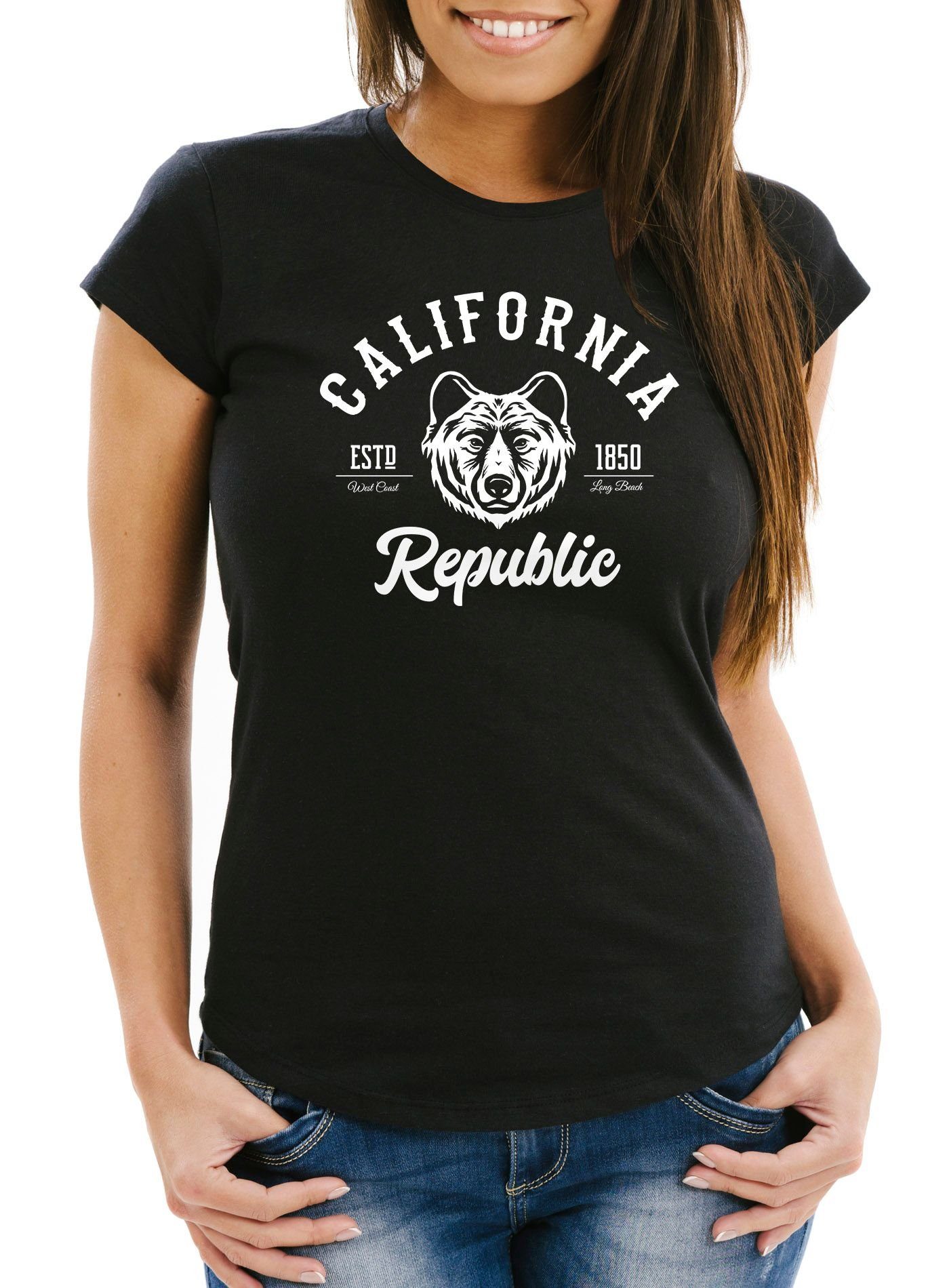 Neverless Print-Shirt Damen T-Shirt California Republic Grizzly Bär Slim Fit Neverless® mit Print