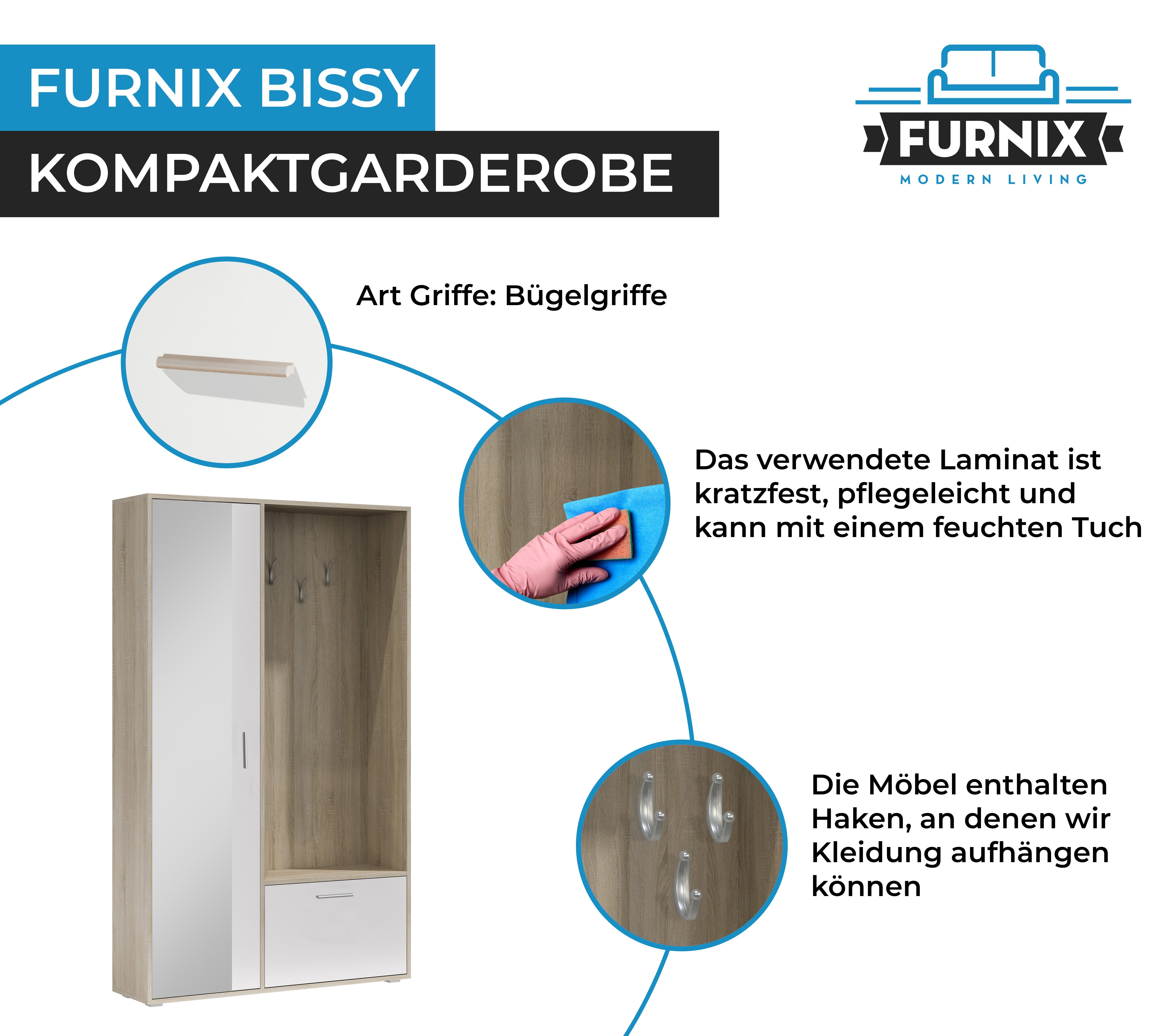 Furnix Kompaktgarderobe BISSY zeitlos Garderobenschrank, Schuhschrank, Garderobenhaken Spiegel, praktisch und Sonoma/ mit Schneeweiß